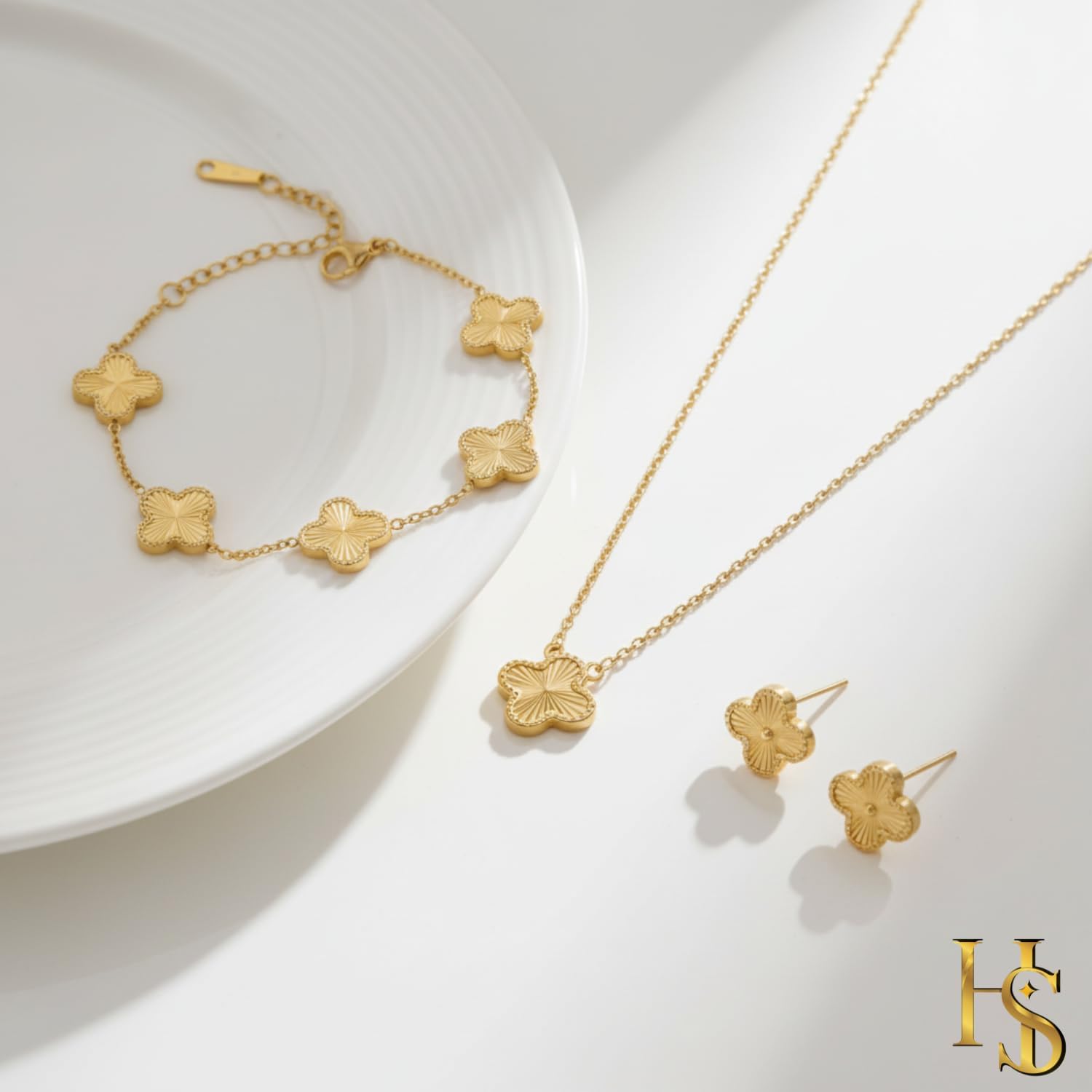 HighSpark Four Leaf Jewelry Set for Women | Designer Clover Necklace Earrings Bracelet Set | Lovely Gift