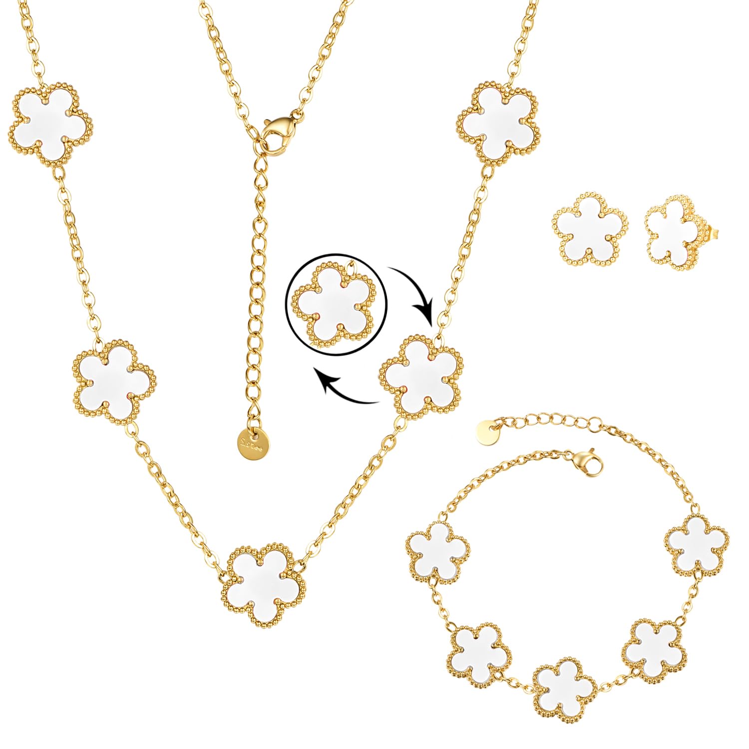 Clover Neckalce Bracelet Earring Set for Women 14K Gold Plated Stainless Steel Four Leaf Clover Jewelry Set