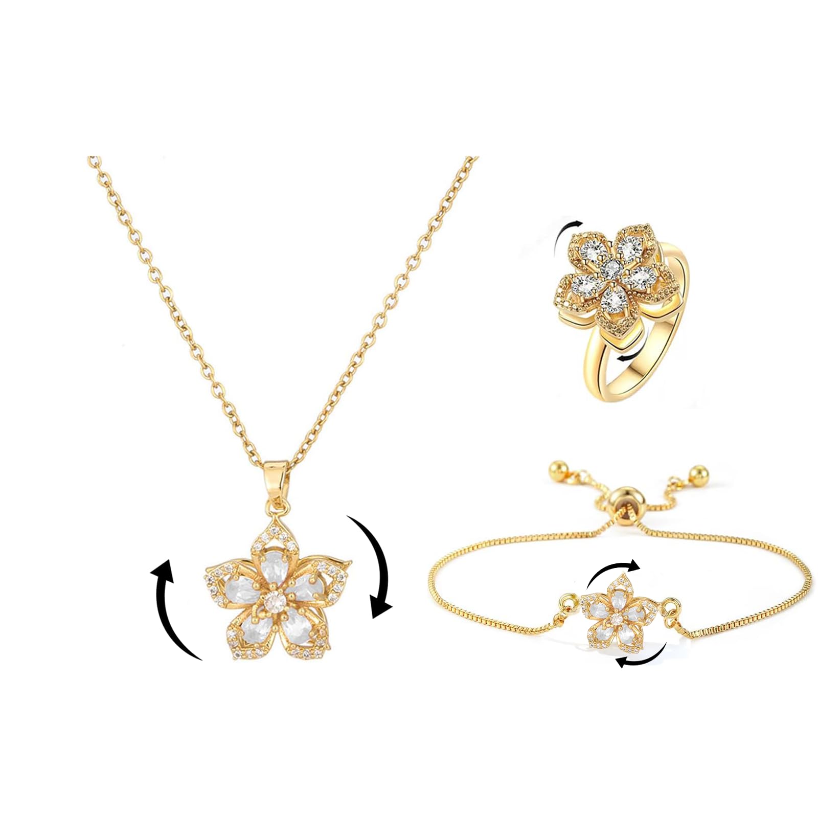 Necklace for Women Gold Flower Fidget Necklace Rotatable Crystal Silver Blossom Pendant Necklaces Adjustable Spinning Fidget Necklaces Redbud Flower Choker Funny Gift Jewelry