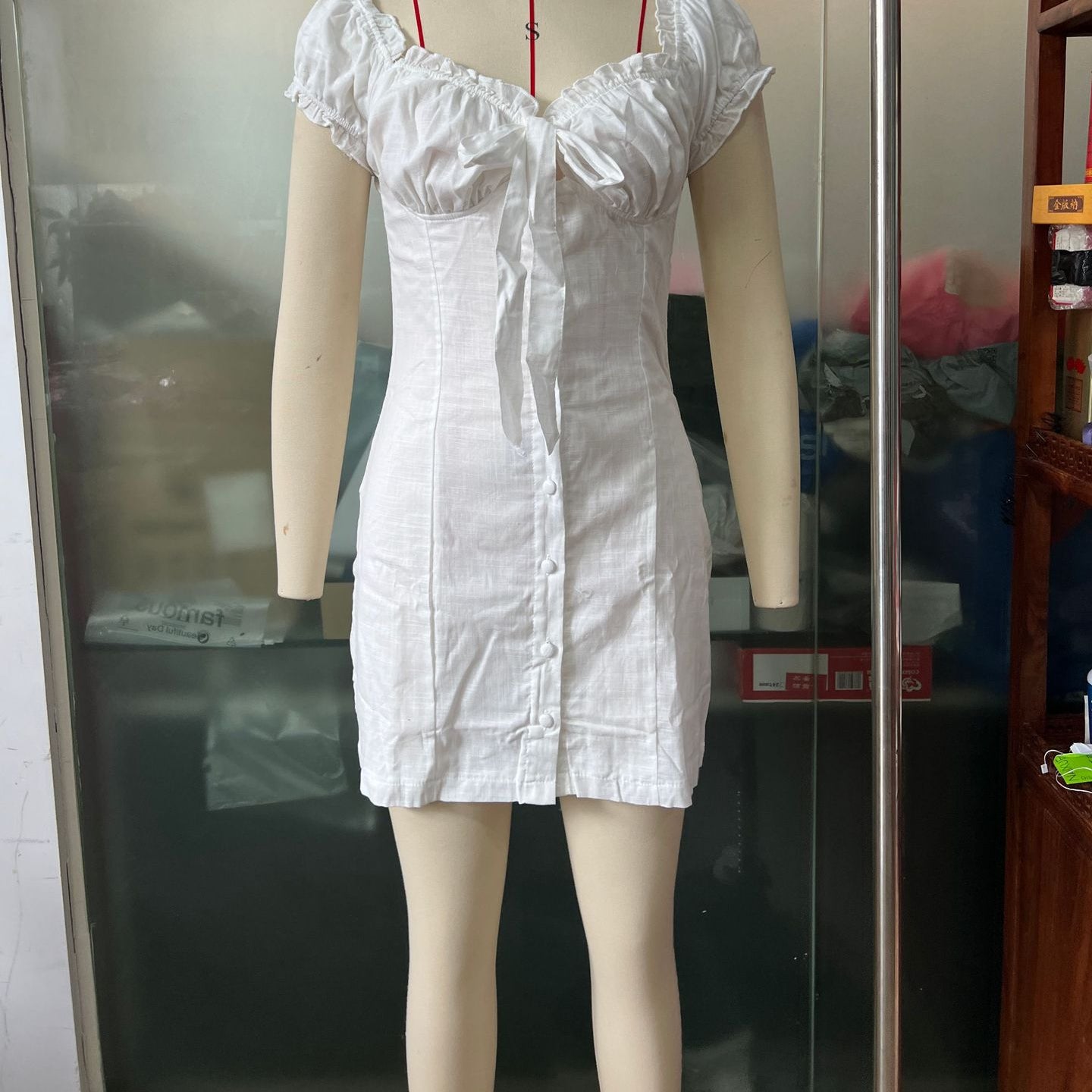 Women's Off-Shoulder Lace-Up Puff-Sleeve Single-Breasted Sheath Dress