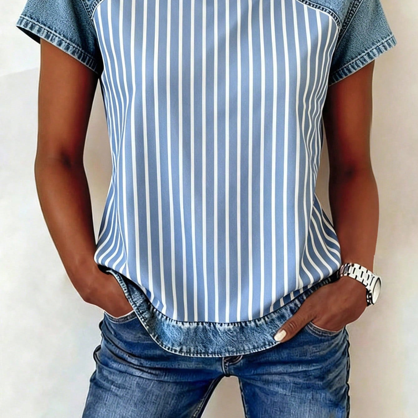 Women's Retro Denim Patchwork Short-Sleeve Shirt – Loose Fit
