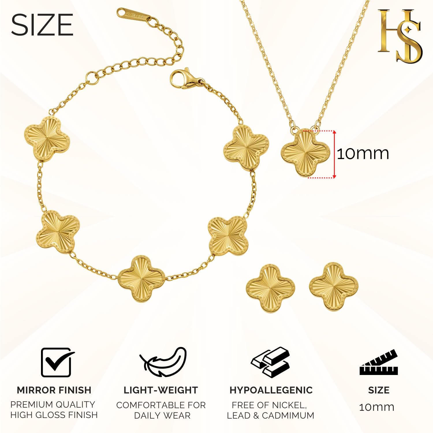 HighSpark Four Leaf Jewelry Set for Women | Designer Clover Necklace Earrings Bracelet Set | Lovely Gift