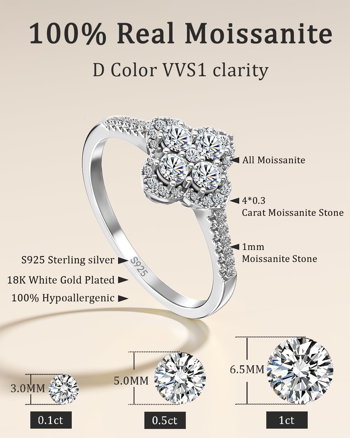 Moissanite Rings for Women 1.3ct Lucky Rings Four Leaf Clover Ring Promise Engagement Wedding Bands D Color VVS1 Moissanite Statement Rings Lucky Gifts for Women