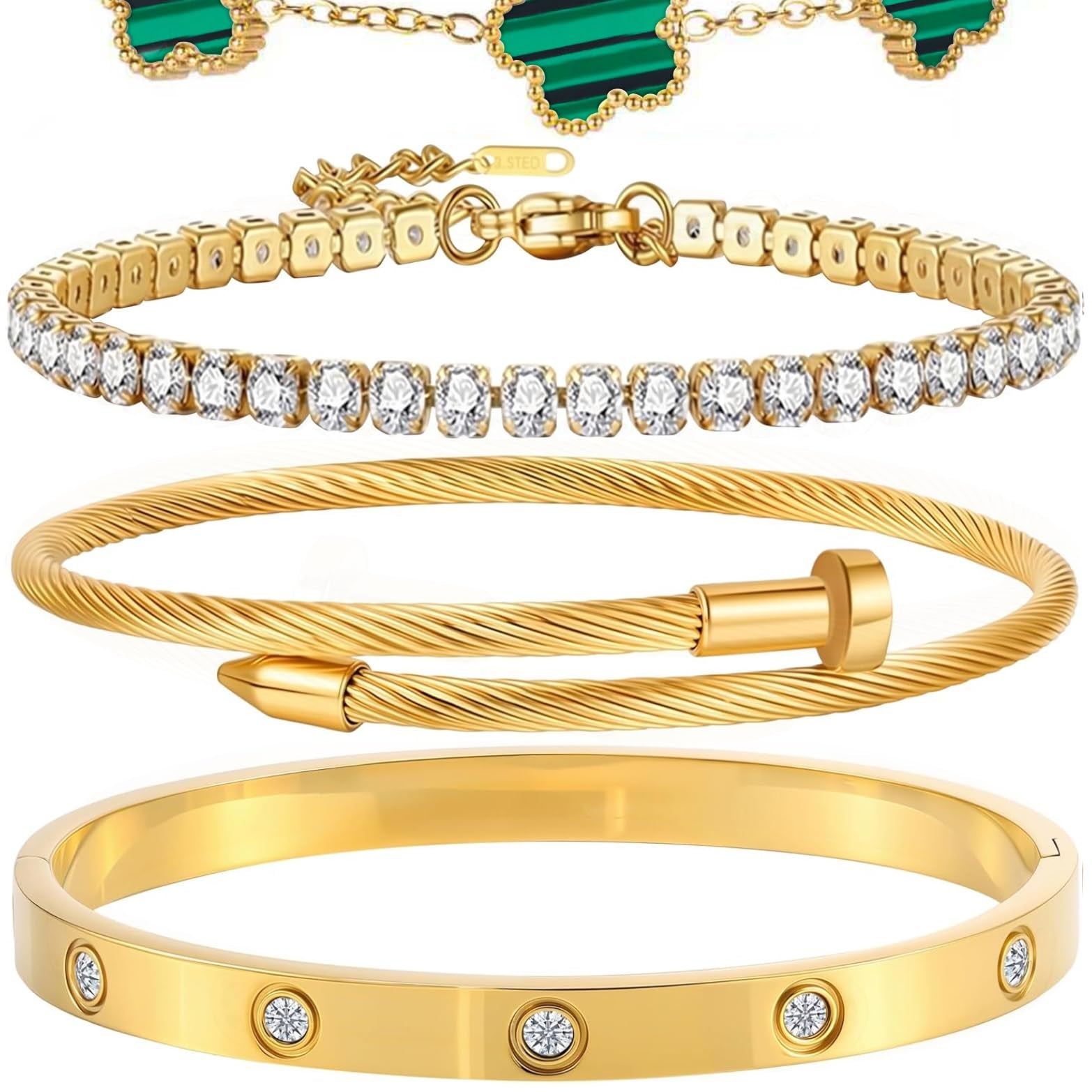 18K Gold Plated Bangle Bracelet Set for Women Stackable Lucky Floral Adjustable Tennis Bracelet Non Tarnish Gift Jewelry for Christmas Valentines Birthday Mother's Day