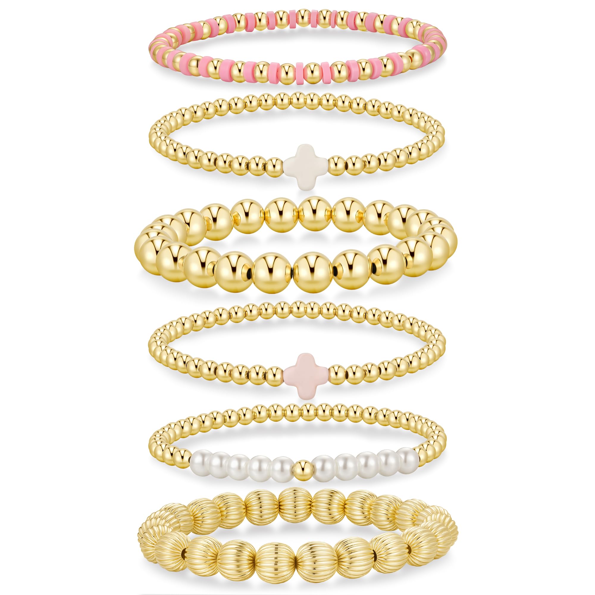 Yoosteel Gold Beaded Bracelets Set for Women Teen Girl Gifts Non Tarnish - 14K Gold Plated Dainty Round Beaded Pearl Cross Bracelet Stack for Women Teenage Girls Stackable Jewelry Gifts