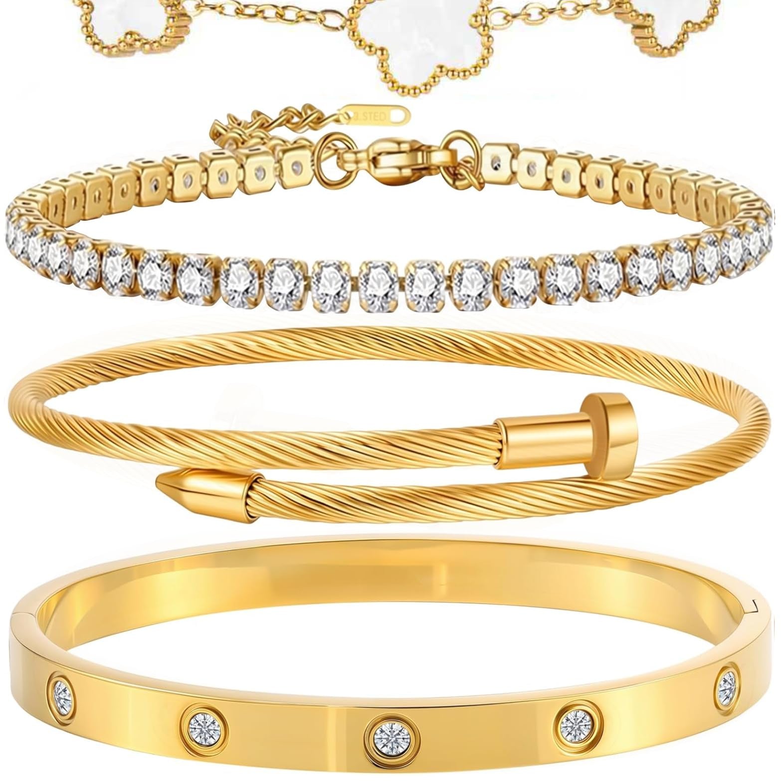 18K Gold Plated Bangle Bracelet Set for Women Stackable Lucky Floral Adjustable Tennis Bracelet Non Tarnish Gift Jewelry for Christmas Valentines Birthday Mother's Day