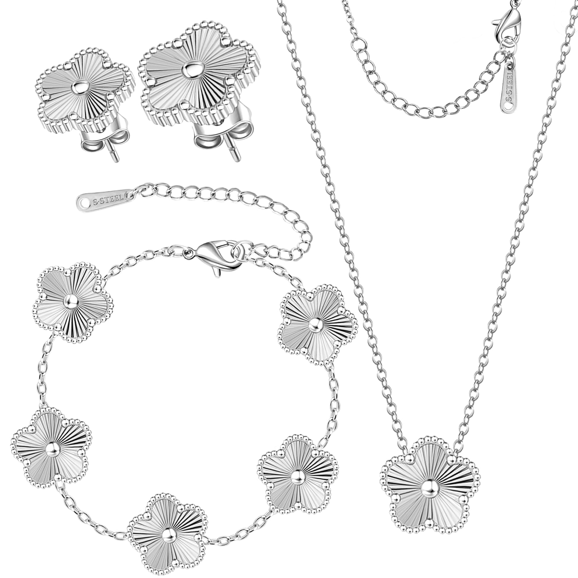 Clover Jewelry Set 3 PC - 18K Gold Plated Stainless Steel Y Necklace Four Leaf Pendant, Clover Link Bracelet Charm, Flower Earrings, Hypoallergenic Non-Tarnish,Simple Luxury Lucky Gifts for Women