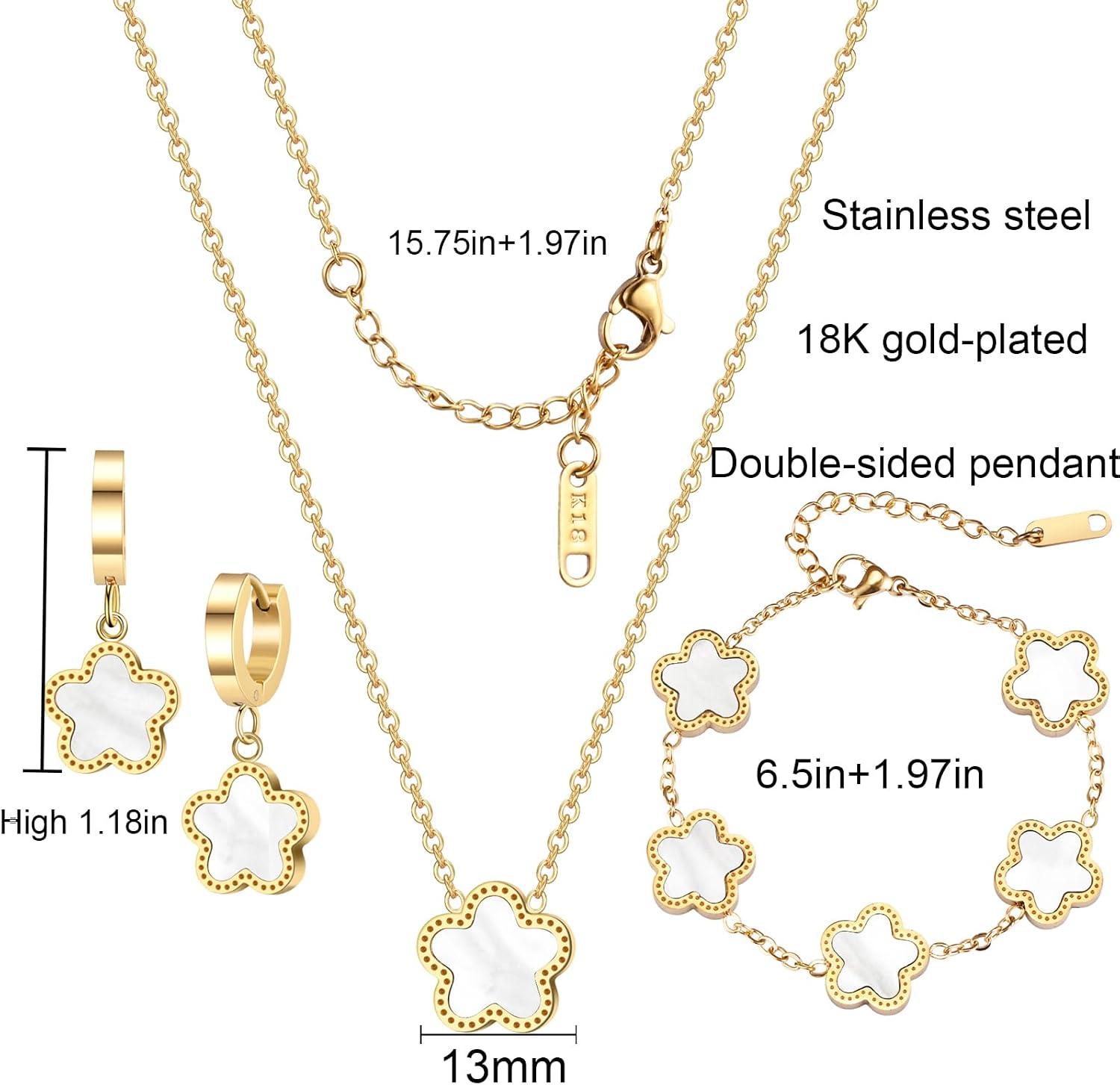 Lucky Clover Jewelry Set 18K Gold Plated Five Leaf Clover Necklace Bracelet Earrings Set Flower Jewelry Sets Birthday Gifts for Women