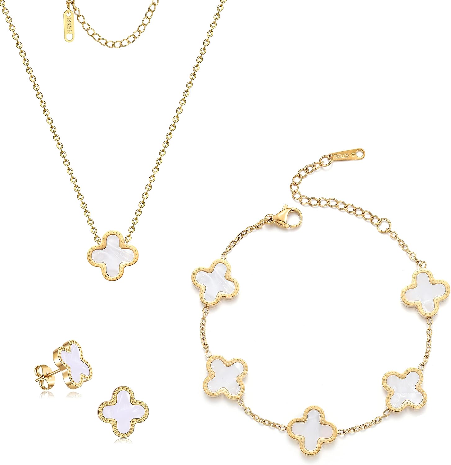 TICVRSS Lucky Clover Sets, 18K Gold Plated Four Leaf Clover Bracelet, Necklace Pendant, Earrings for Women Flower Link Bracelets Set Jewelry Gifts for Women