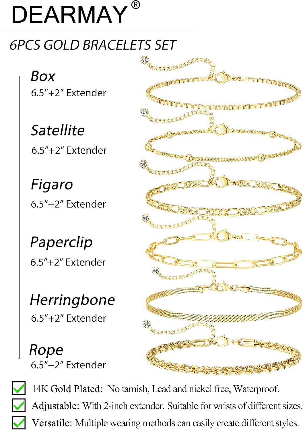 Dearmay Gold Bracelets for Women Waterproof, 14K Gold Plated Minimalist Bracelets Stack Non Tarnish Trendy Dainty Herringbone Vintage Cuban Paperclip Rope Thin Box Link Chain Stackable Jewelry Sets Modern Fashion Accessories Gifts for Womens