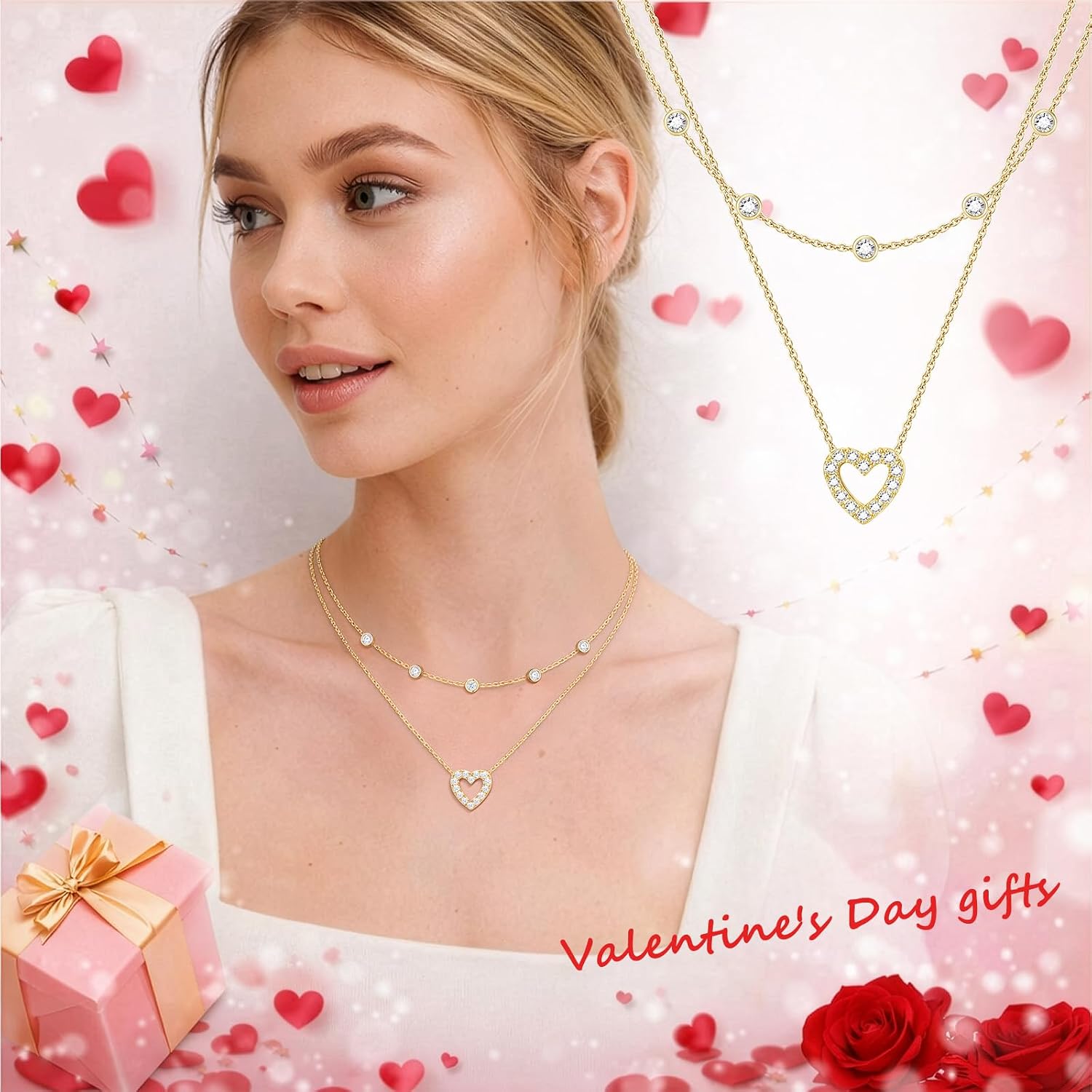 Heart Necklaces for Women, Dainty 14K Gold/Silver Plated Necklace Cute Tiny Gold Diamond Infinity Heart Pendant Jewelry, Ideal Gifts for Mothers Day Birthday Graduation Valentine's Day
