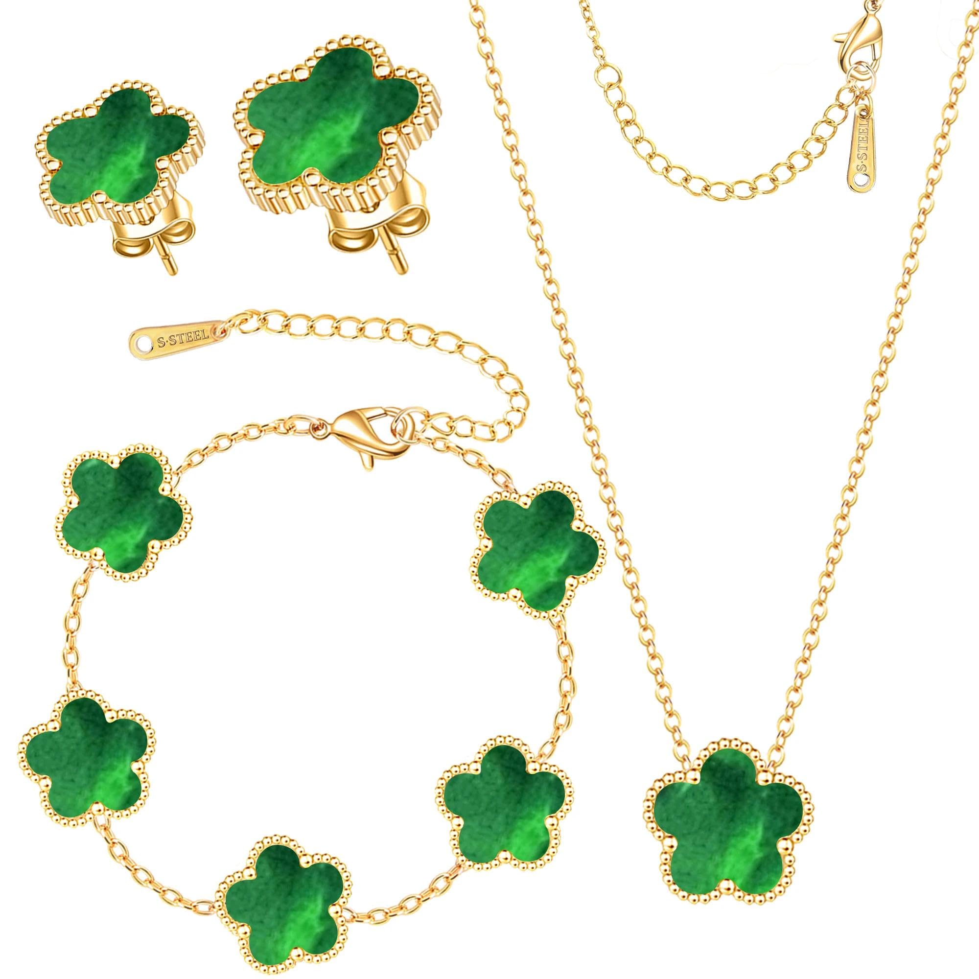 Clover Jewelry Set 3 PC - 18K Gold Plated Stainless Steel Y Necklace Four Leaf Pendant, Clover Link Bracelet Charm, Flower Earrings, Hypoallergenic Non-Tarnish,Simple Luxury Lucky Gifts for Women