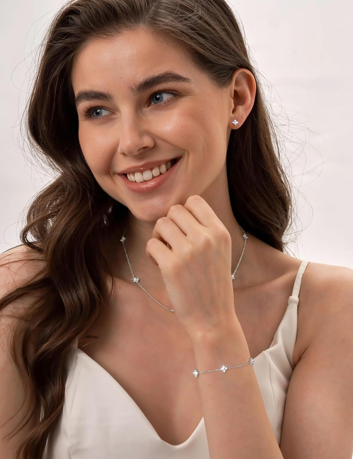 ORAZIO Dainty Silver Gold Jewelry Set for Women Trendy 14K Gold Plated CZ Flowers Pendant Choker Necklaces for Women Stud Earrings Link Bracelets Stack Jewelry Gifts for Wedding Prom Brides