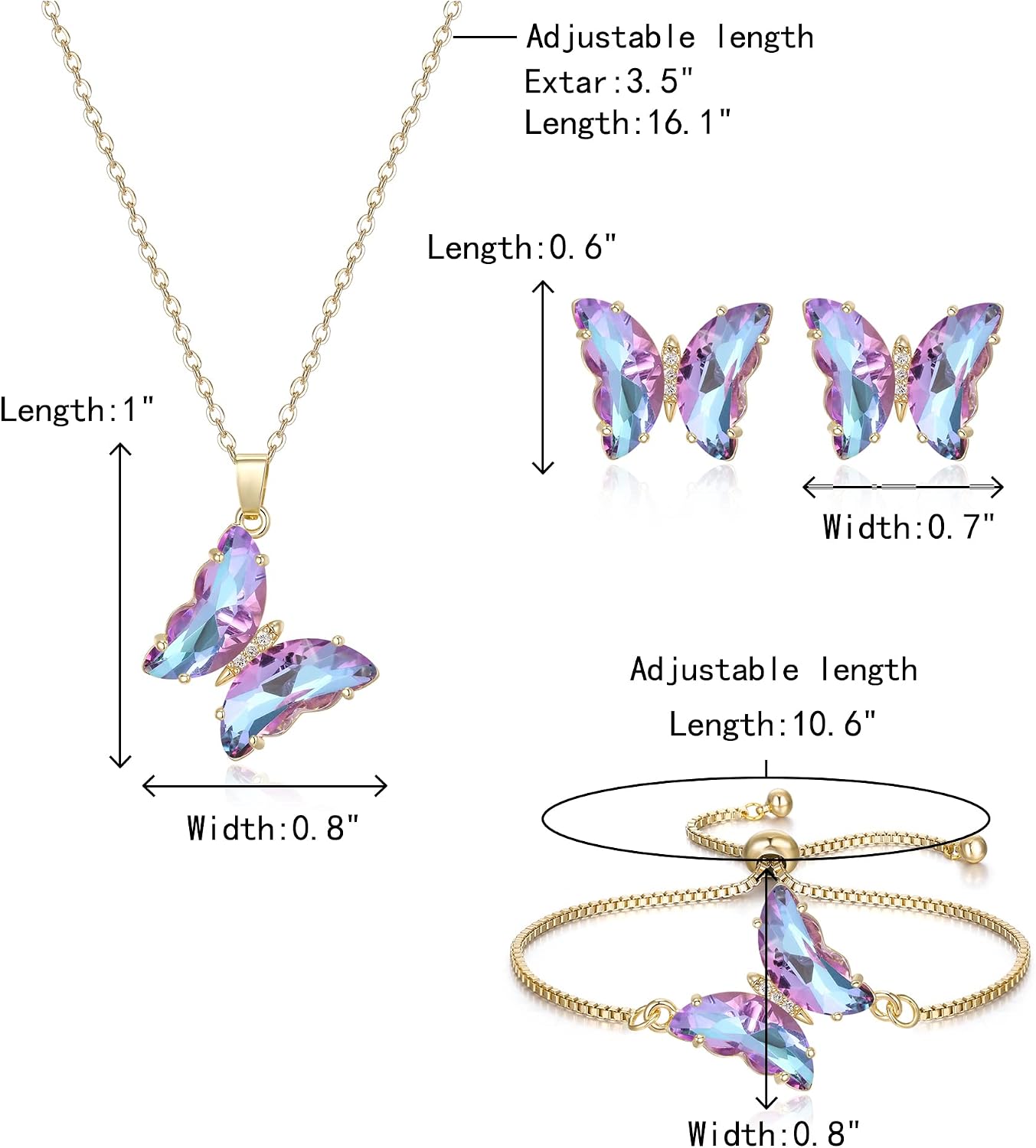 Crysdue Sparkling Cubic Zirconia Butterfly Necklace Stud Earrings Adjustable Slider Bracelet Jewelry Set, Birthday/Valentines/Mothers Day/Christmas Jewellery Gift for Women