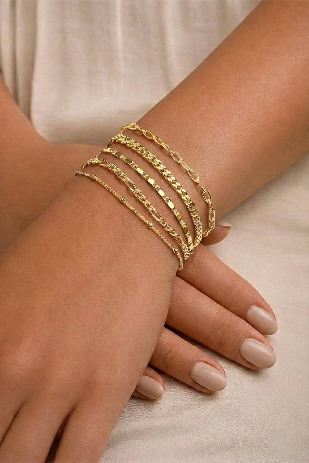 Gokeey Gold Bracelets Set for Women Non Tarnish Trendy,14K Gold Plated Dainty Stackable Paperclip Cuban Link Chain Bracelets, Simple Cute Cuff Bracelets Jewelry Set Adjustable 7"+2"