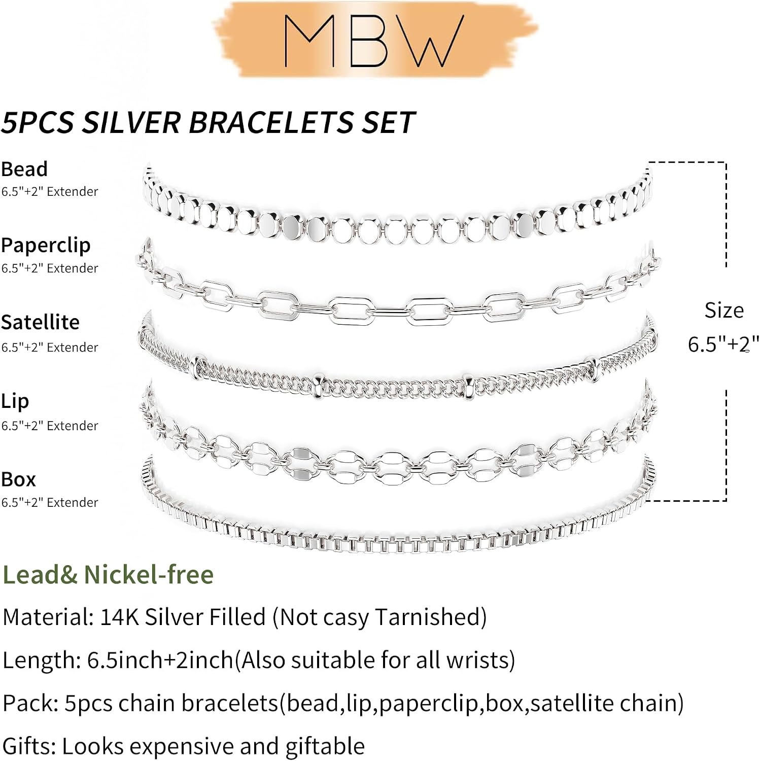 MBW Sterling Silver Bracelets for Women Trendy, Minimalist Simple Dainty S925 Silver Plated Bracelets for Women Stack Waterproof Jewelry Small Thin Bracelet Set for Womens Teen Gift