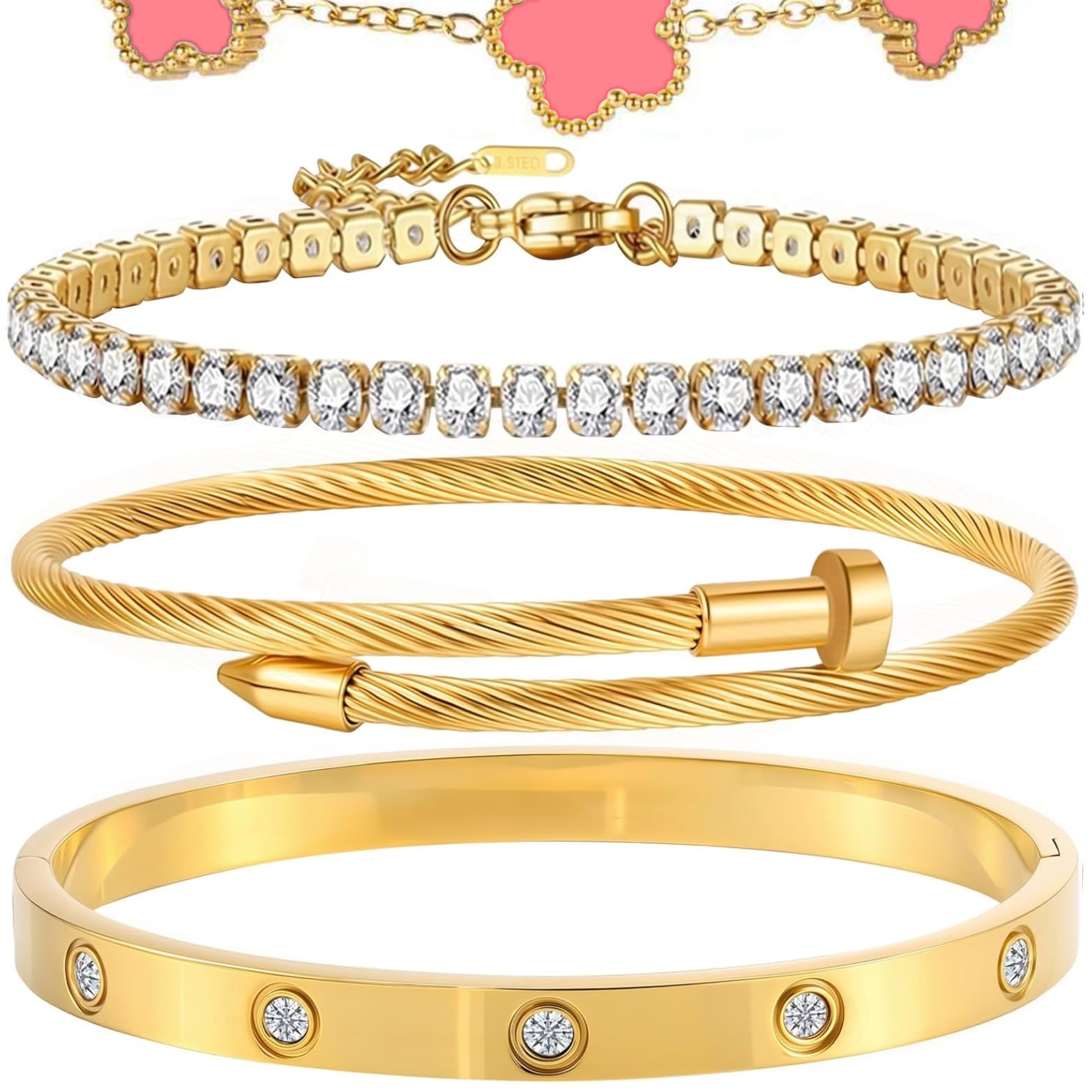 18K Gold Plated Bangle Bracelet Set for Women Stackable Lucky Floral Adjustable Tennis Bracelet Non Tarnish Gift Jewelry for Christmas Valentines Birthday Mother's Day