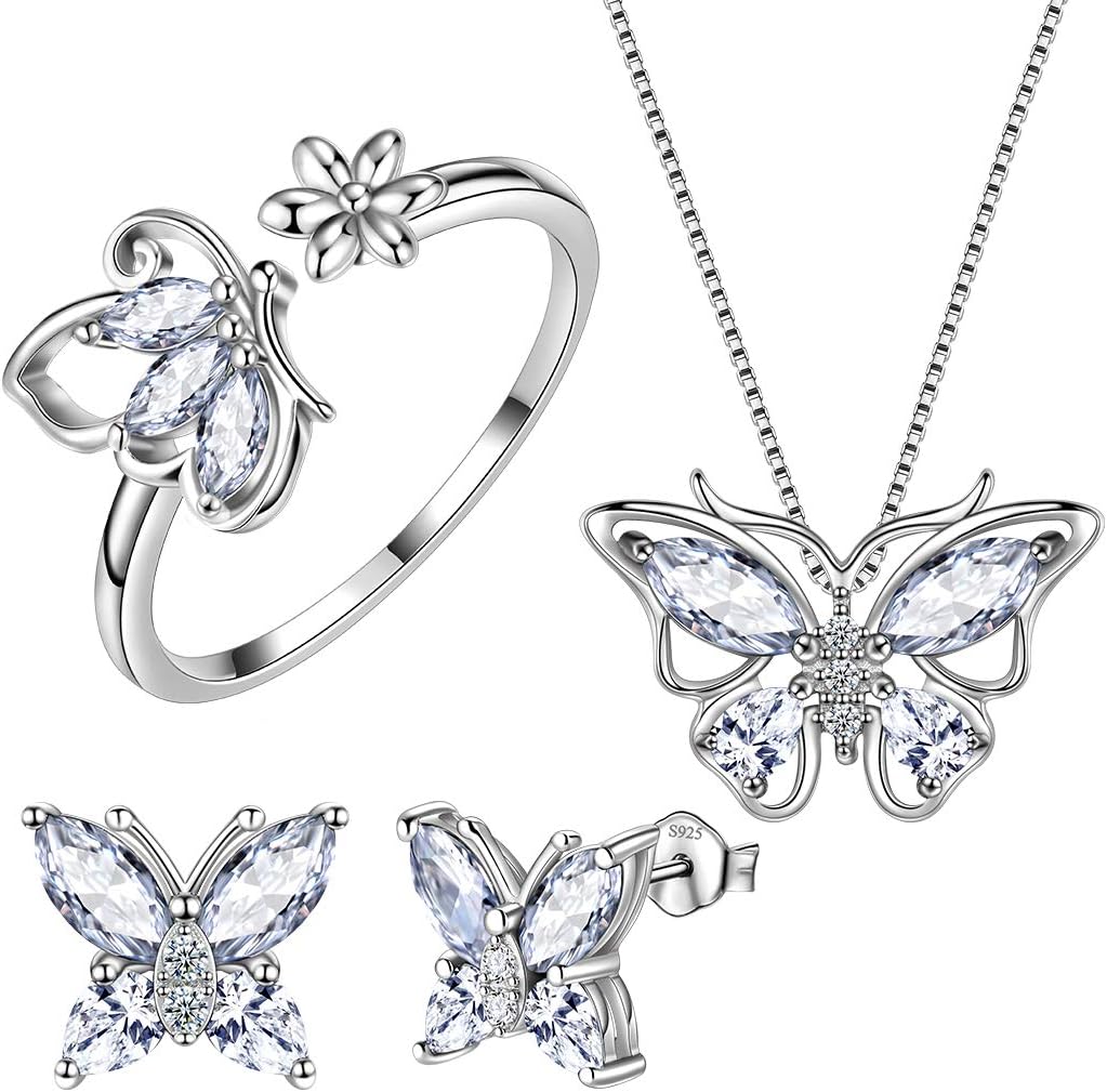 Aurora Tears Butterfly Jewelry,Women 925 Sterling Silver Butterflies Birthstone Pendant Necklace/Earrings/Rings Wedding Gift