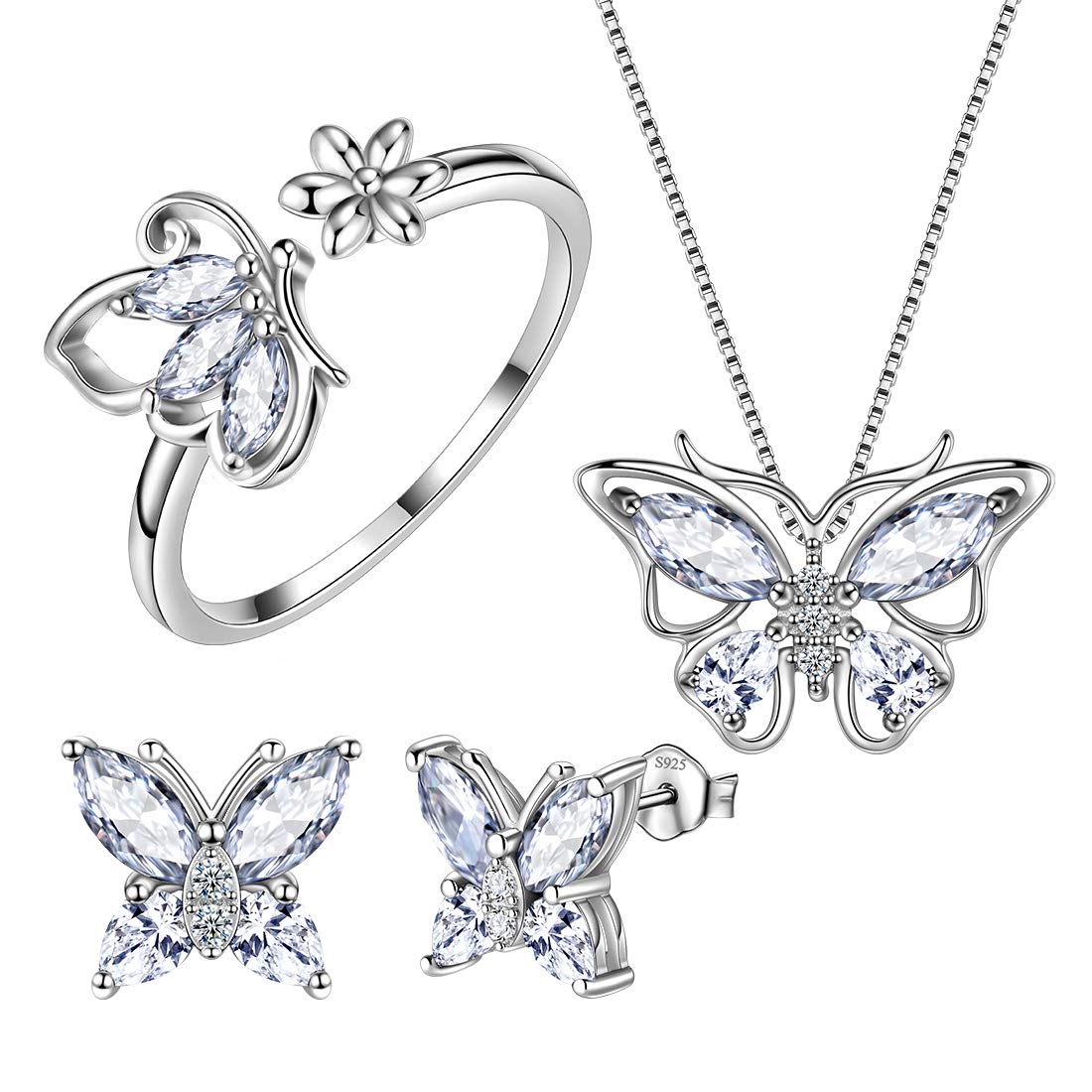 Aurora Tears Butterfly Jewelry,Women 925 Sterling Silver Butterflies Birthstone Pendant Necklace/Earrings/Rings Wedding Gift