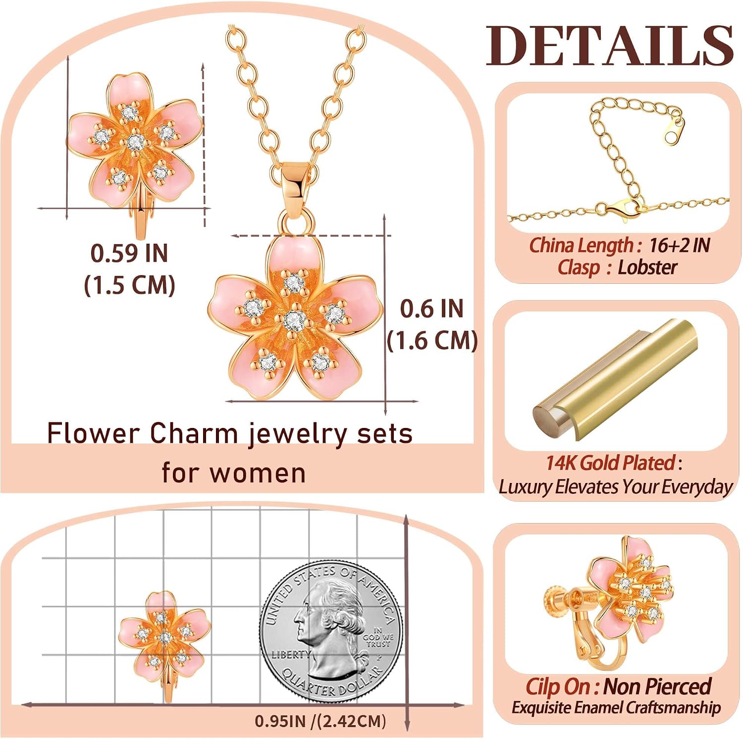 Austrian Crystal Enamel Flower Earrings and Necklace Jewelry Sets for Women | 14K gold plated brass,cute flower-shaped design,gift box,16+2" adjustable chain,women's jewelry set