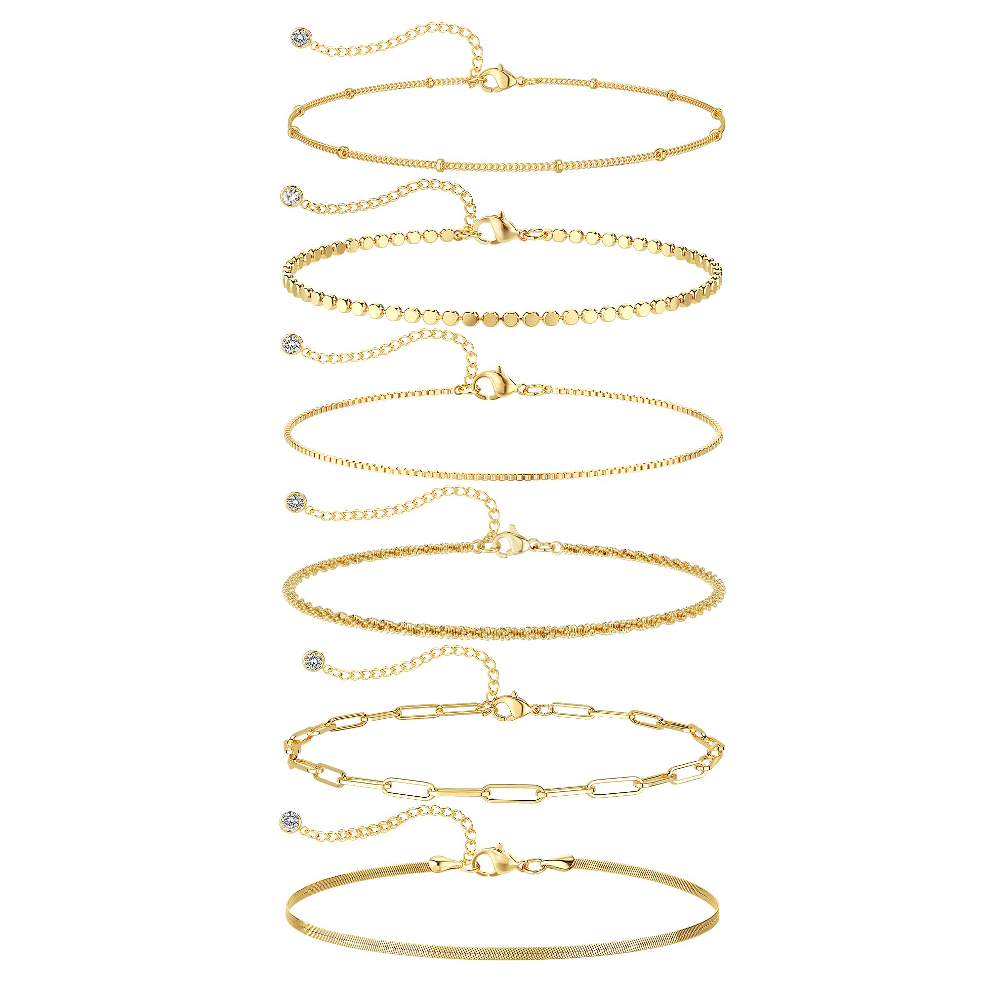DEARMAY 6PCS Gold&Silver Bracelets Set for Women Dainty, Stackable Sterling Silver Plated Beaded Figaro Herringbone Paperclip Chain Waterproof, Layered Bracelets Set Gifts for Women Mom Her