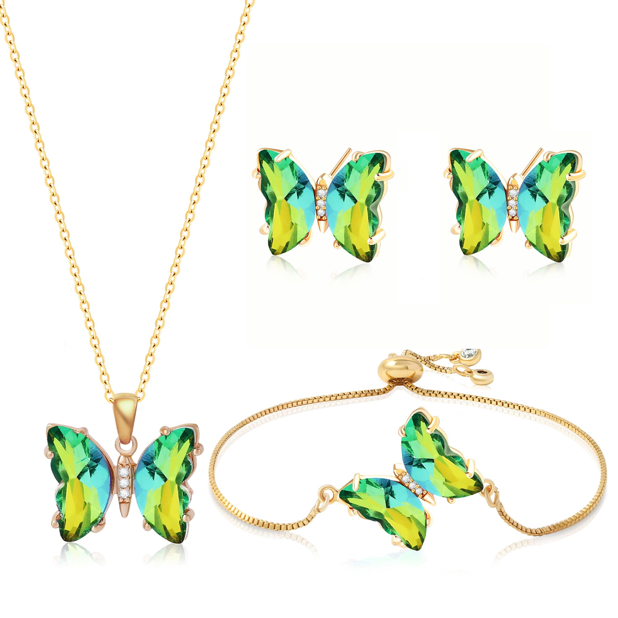 Butterfly Crystal Jewelry Set with Butterfly Necklace Stud Earrings Bolo Bracelet Adjustable Ring for Women Trendy, Iridescent Y2K Dainty Butterfly Jewelry Gifts