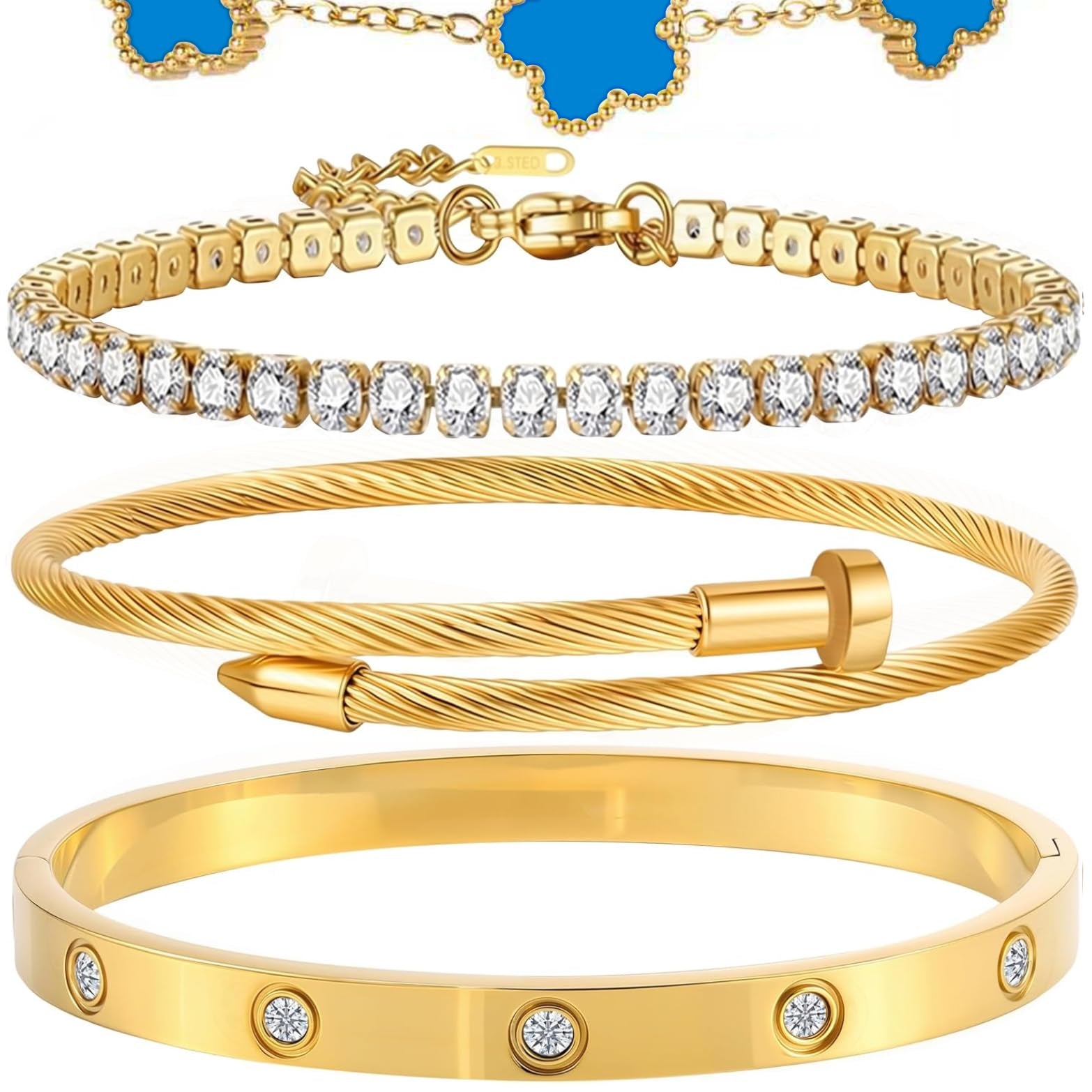 18K Gold Plated Bangle Bracelet Set for Women Stackable Lucky Floral Adjustable Tennis Bracelet Non Tarnish Gift Jewelry for Christmas Valentines Birthday Mother's Day