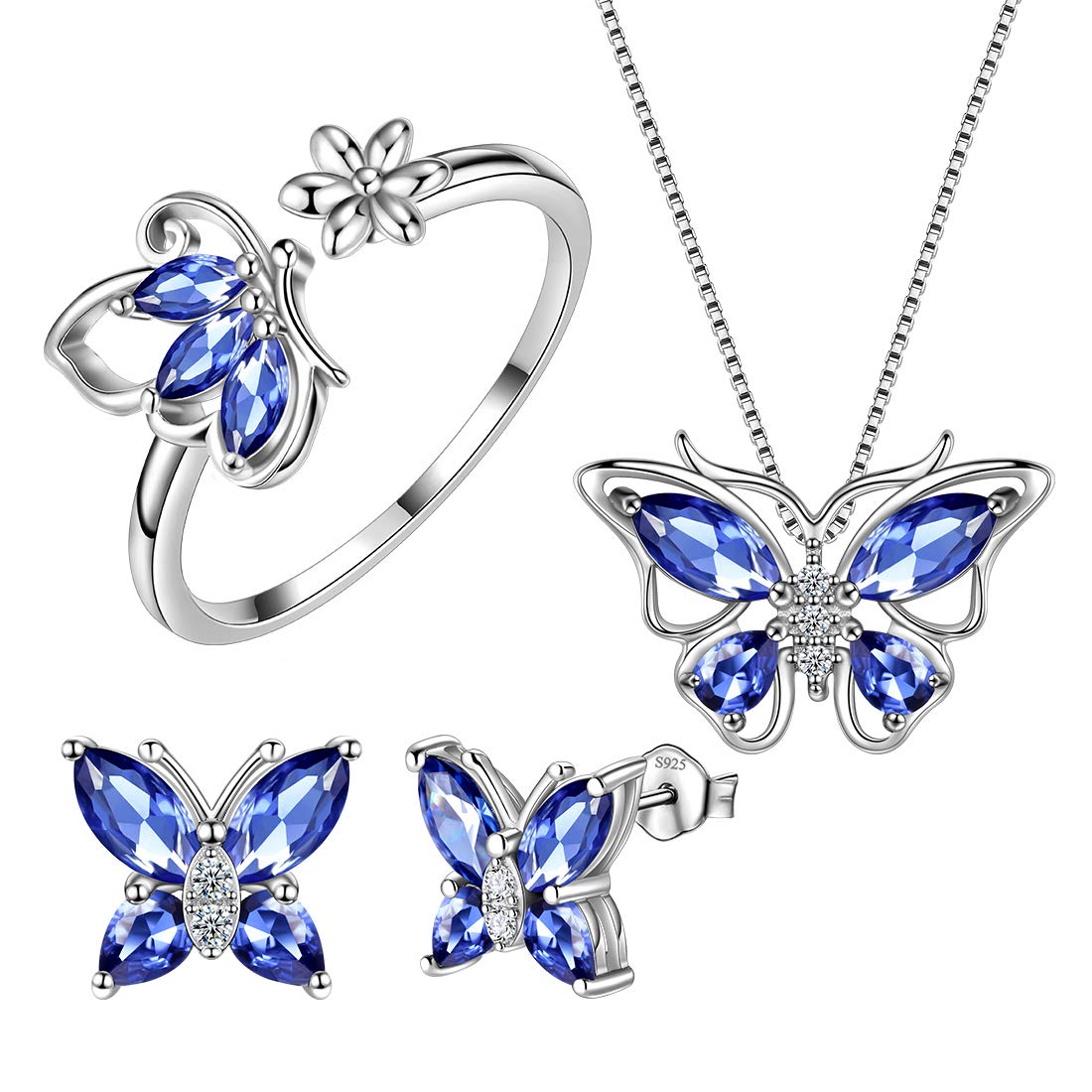 Aurora Tears Butterfly Jewelry,Women 925 Sterling Silver Butterflies Birthstone Pendant Necklace/Earrings/Rings Wedding Gift