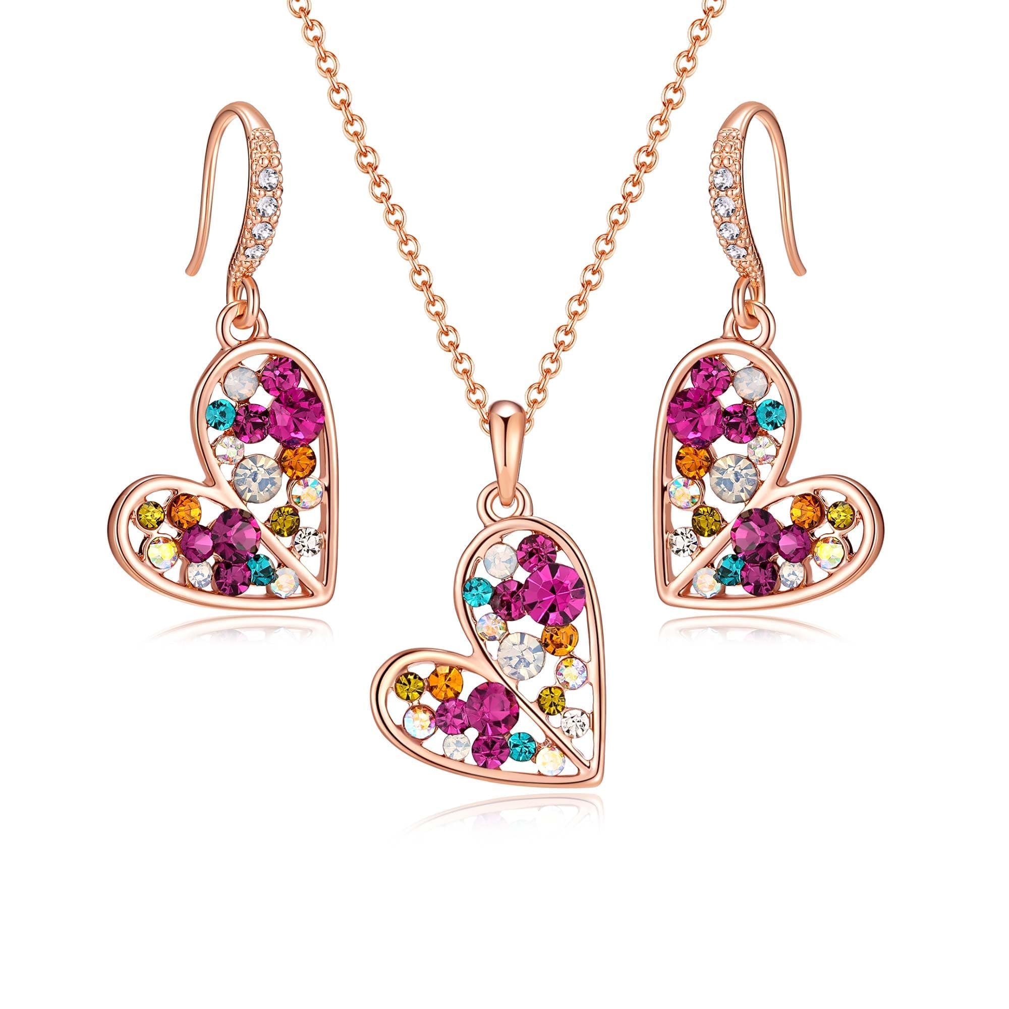 Austrian Crystal Heart Pendant Necklace Earrings Jewelry Sets for Women | Colorful Crystal,14K rose gold plated brass,Cute heart-shaped design,gift box,16+2" adjustable chain,women's jewelry set
