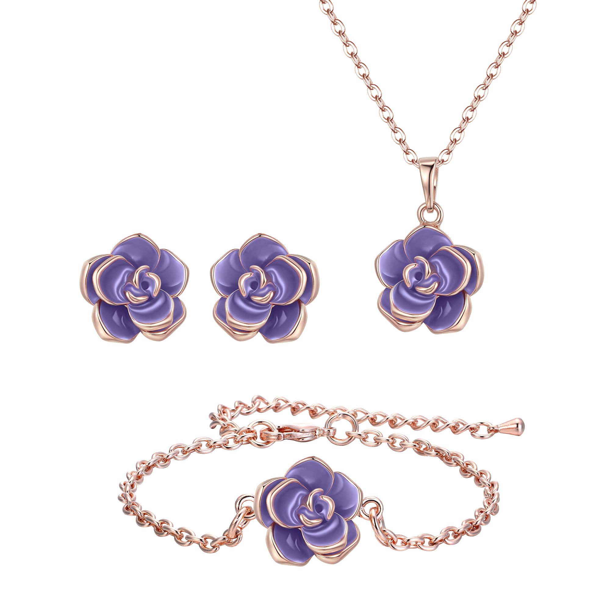 EleQueen Rose Flower Necklace Earrings Bracelet Set 14K Gold Plated Hypoallergenic Jewelry Sets Gift for Women