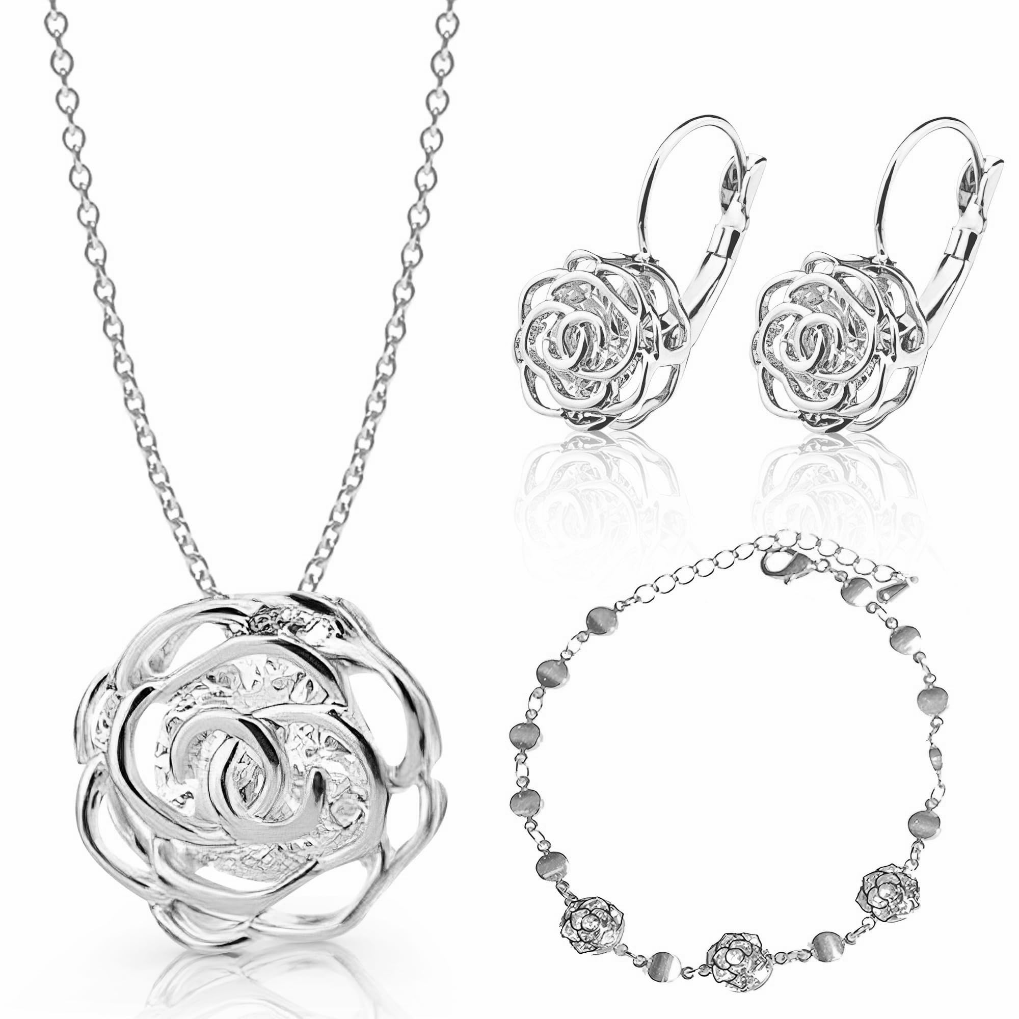 Crystalline Azuria Women 18K Gold Plated White Crystal Roses Flower Set Necklace Earrings Bracelet for Women Wedding Party Bridal Bridesmaid Accessories