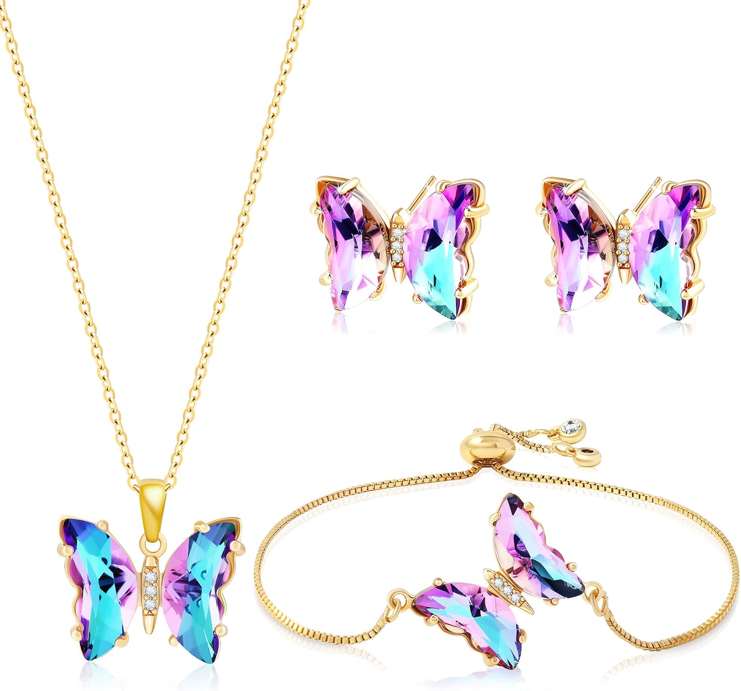 Butterfly Crystal Jewelry Set with Butterfly Necklace Stud Earrings Bolo Bracelet Adjustable Ring for Women Trendy, Iridescent Y2K Dainty Butterfly Jewelry Gifts