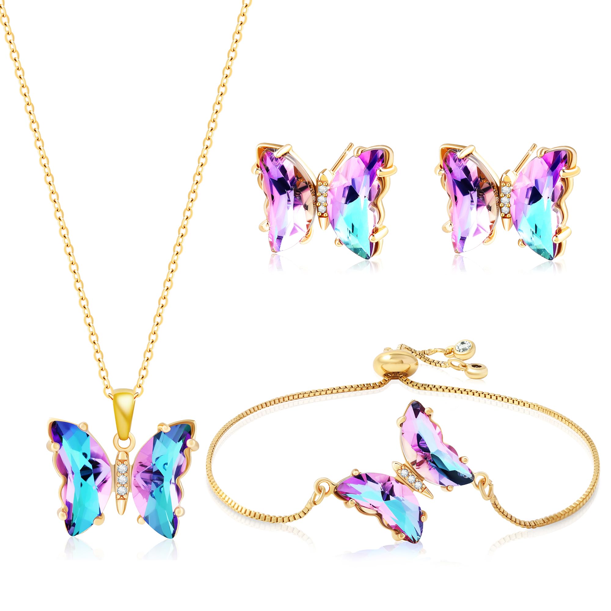 Butterfly Crystal Jewelry Set with Butterfly Necklace Stud Earrings Bolo Bracelet Adjustable Ring for Women Trendy, Iridescent Y2K Dainty Butterfly Jewelry Gifts