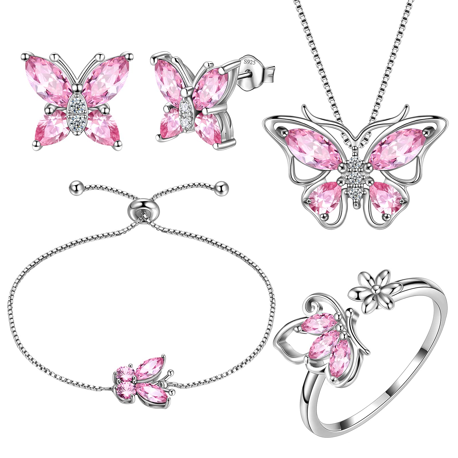 Aurora Tears Butterfly Jewelry,Women 925 Sterling Silver Butterflies Birthstone Pendant Necklace/Earrings/Rings Wedding Gift