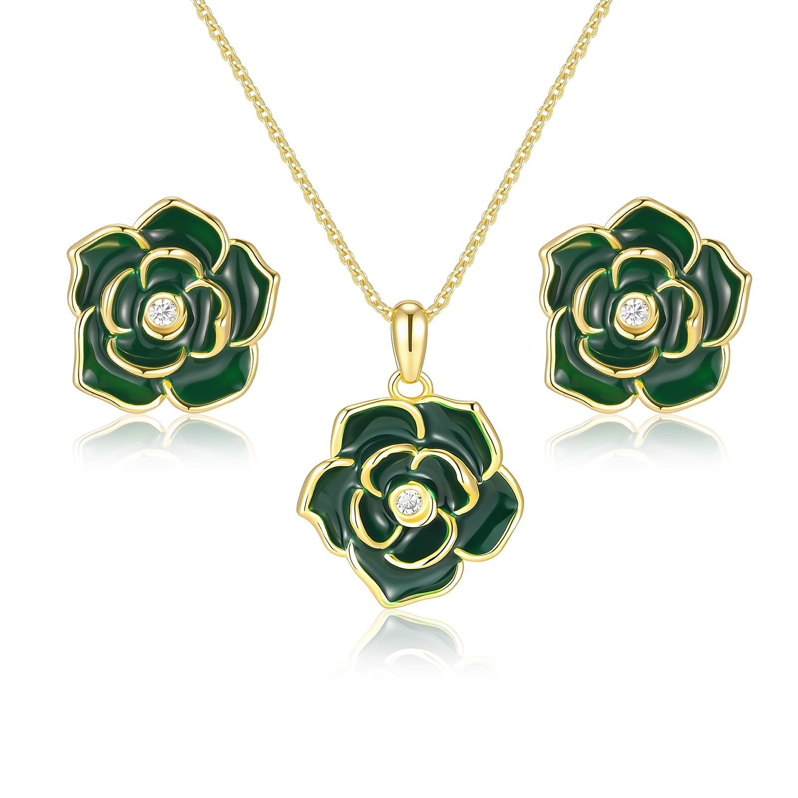Rose Flower Earring Necklace Set - 14k Gold Plated Hypoallergenic Jewelry Sets For Women, Trendy Cubic Zirconia Floral Earring Pendant Necklace Anniversary Birthday Gift for Her