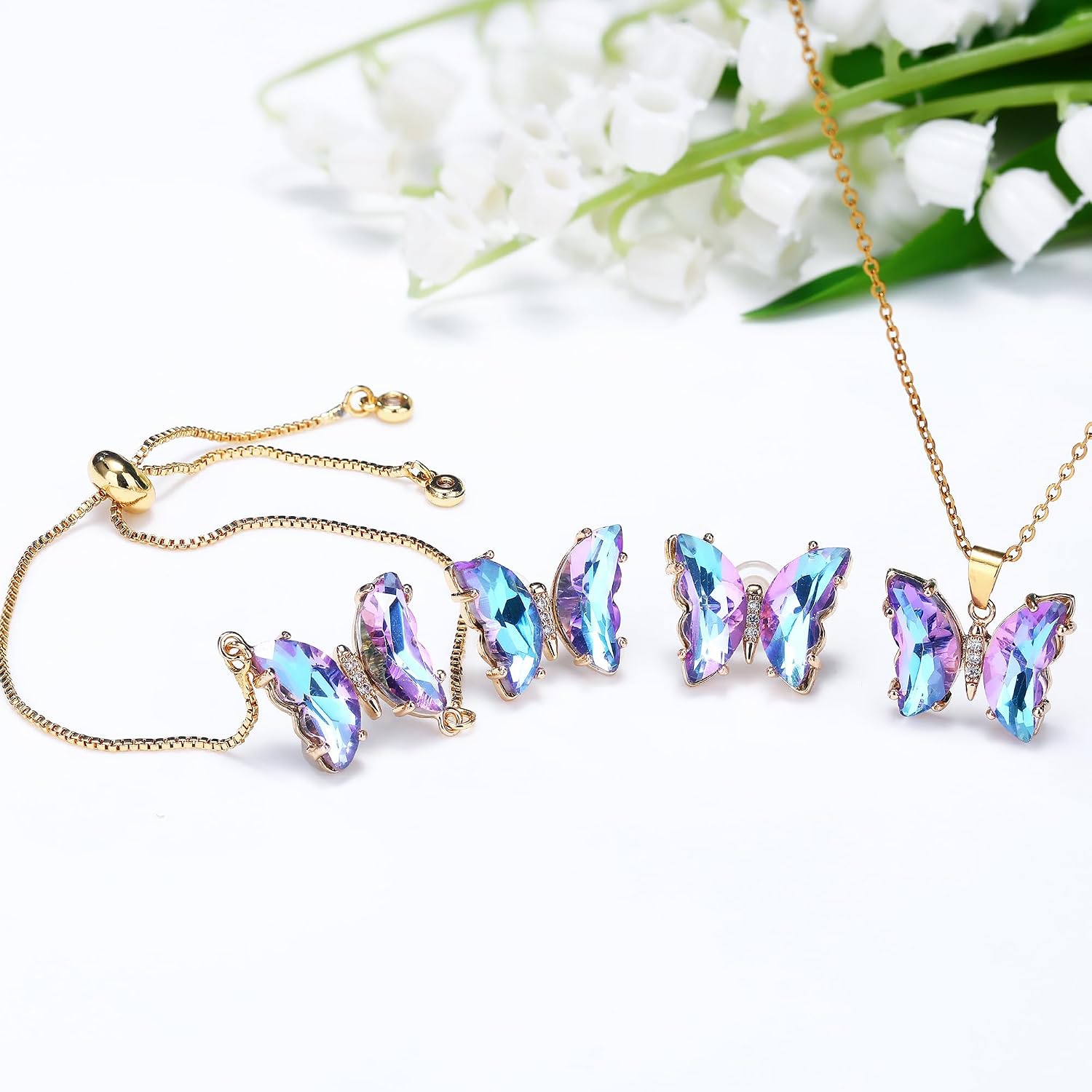 Butterfly Crystal Jewelry Set with Butterfly Necklace Stud Earrings Bolo Bracelet Adjustable Ring for Women Trendy, Iridescent Y2K Dainty Butterfly Jewelry Gifts