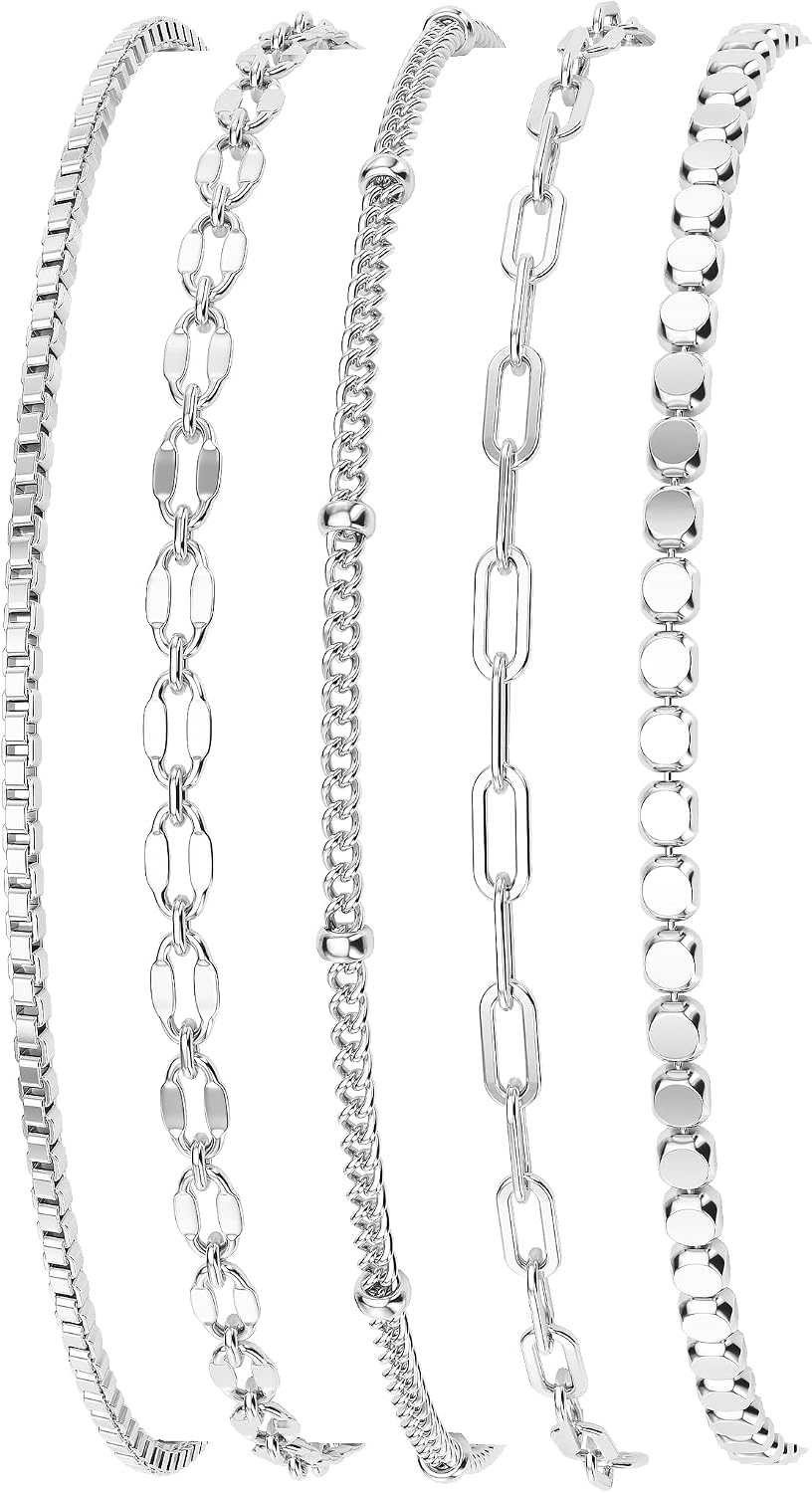 MBW Sterling Silver Bracelets for Women Trendy, Minimalist Simple Dainty S925 Silver Plated Bracelets for Women Stack Waterproof Jewelry Small Thin Bracelet Set for Womens Teen Gift