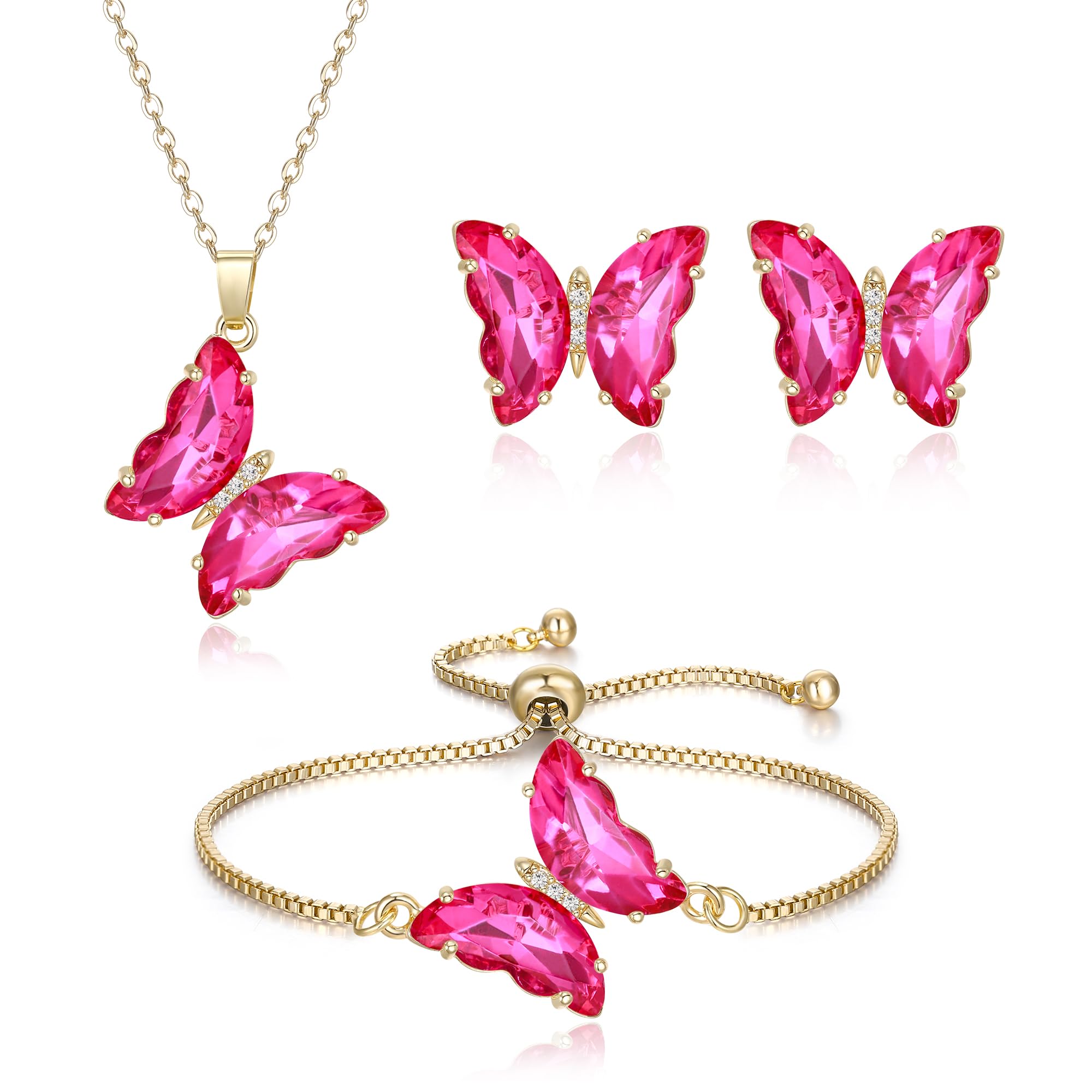 Crysdue Sparkling Cubic Zirconia Butterfly Necklace Stud Earrings Adjustable Slider Bracelet Jewelry Set, Birthday/Valentines/Mothers Day/Christmas Jewellery Gift for Women