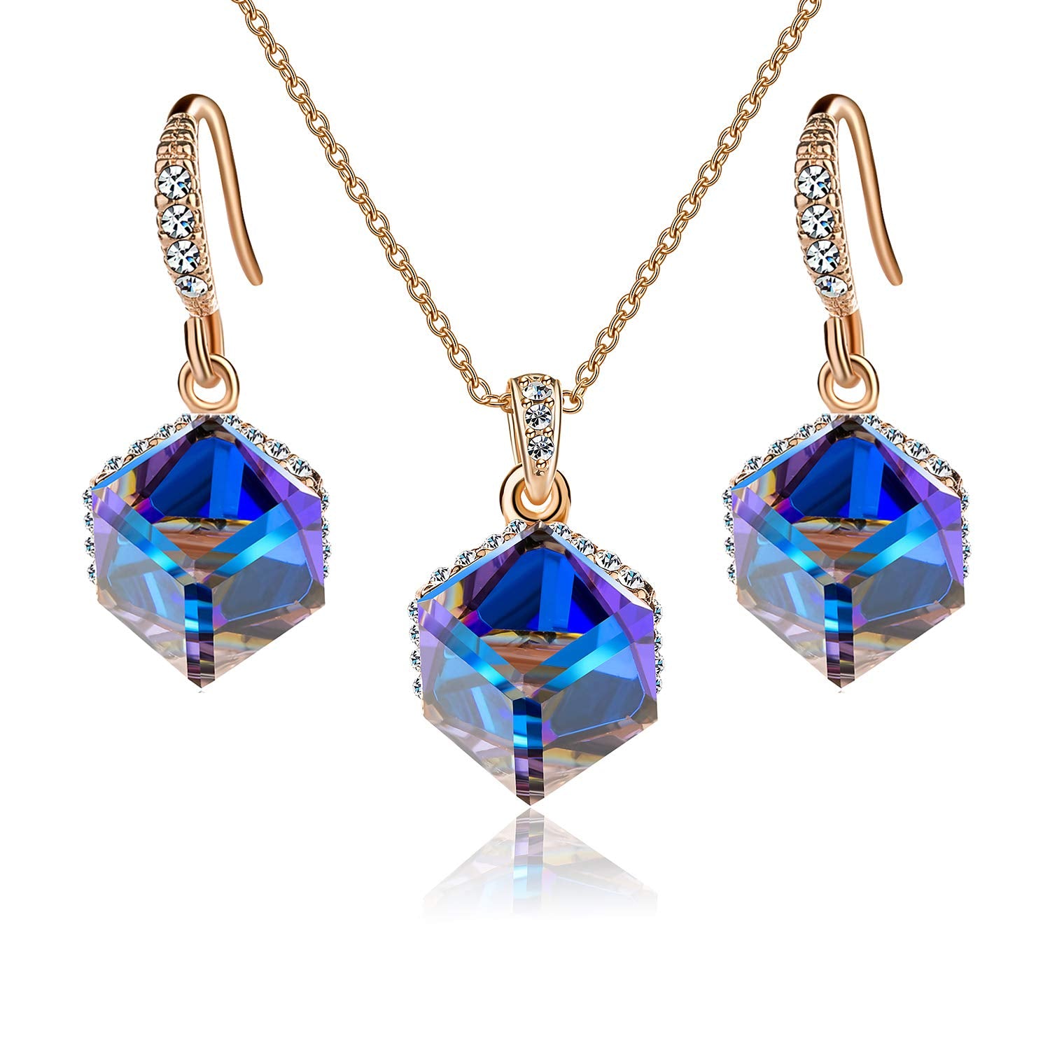 EVEVIC Colorful Cubic Austrian Crystal Pendant Necklace Earrings for Women 14K Gold Plated Hypoallergenic Jewelry Set