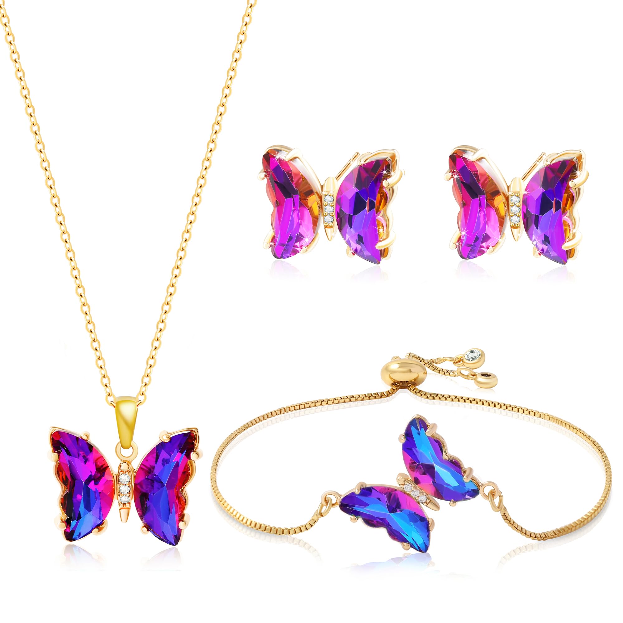 Butterfly Crystal Jewelry Set with Butterfly Necklace Stud Earrings Bolo Bracelet Adjustable Ring for Women Trendy, Iridescent Y2K Dainty Butterfly Jewelry Gifts