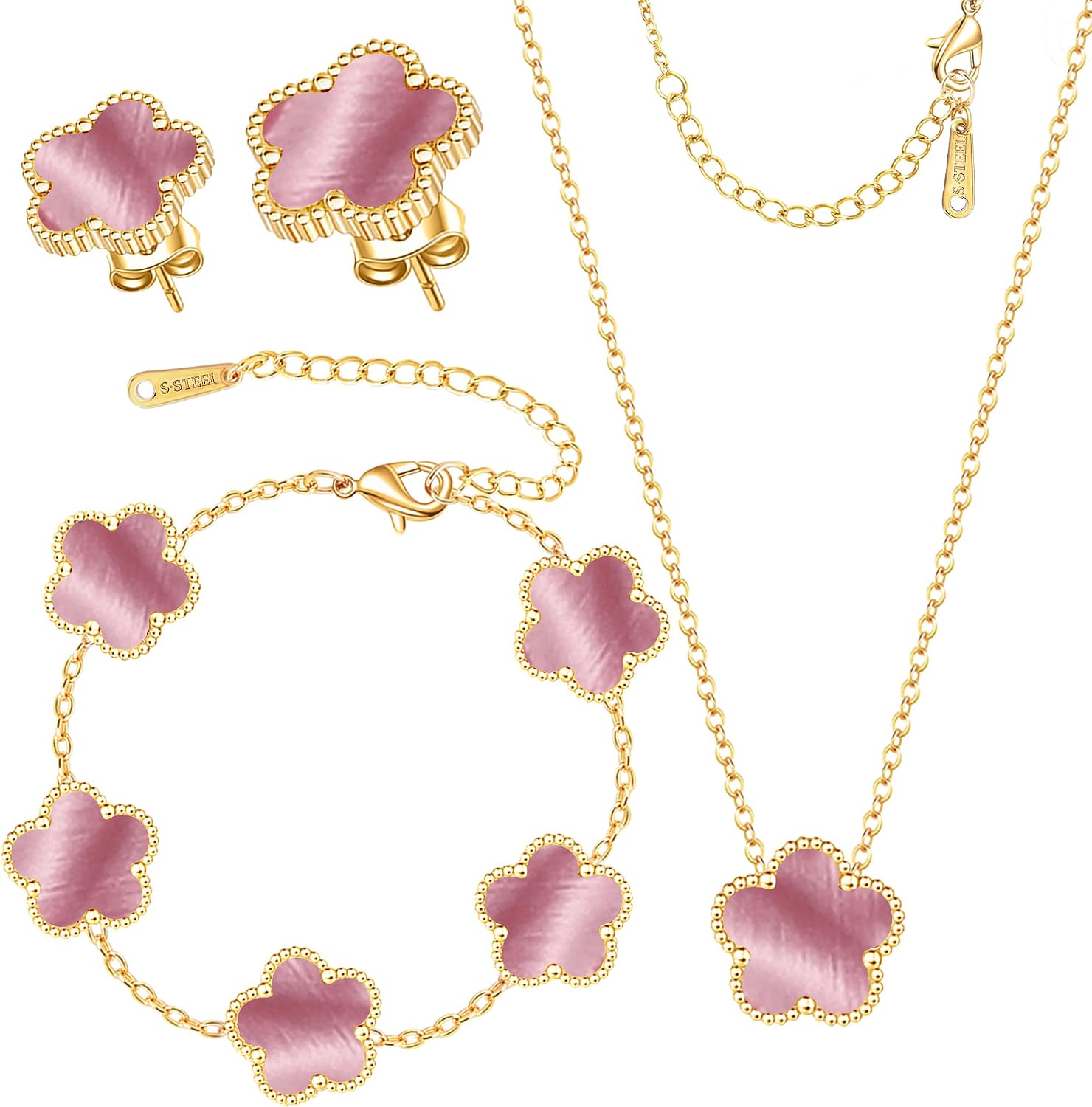 Clover Jewelry Set 3 PC - 18K Gold Plated Stainless Steel Y Necklace Four Leaf Pendant, Clover Link Bracelet Charm, Flower Earrings, Hypoallergenic Non-Tarnish,Simple Luxury Lucky Gifts for Women