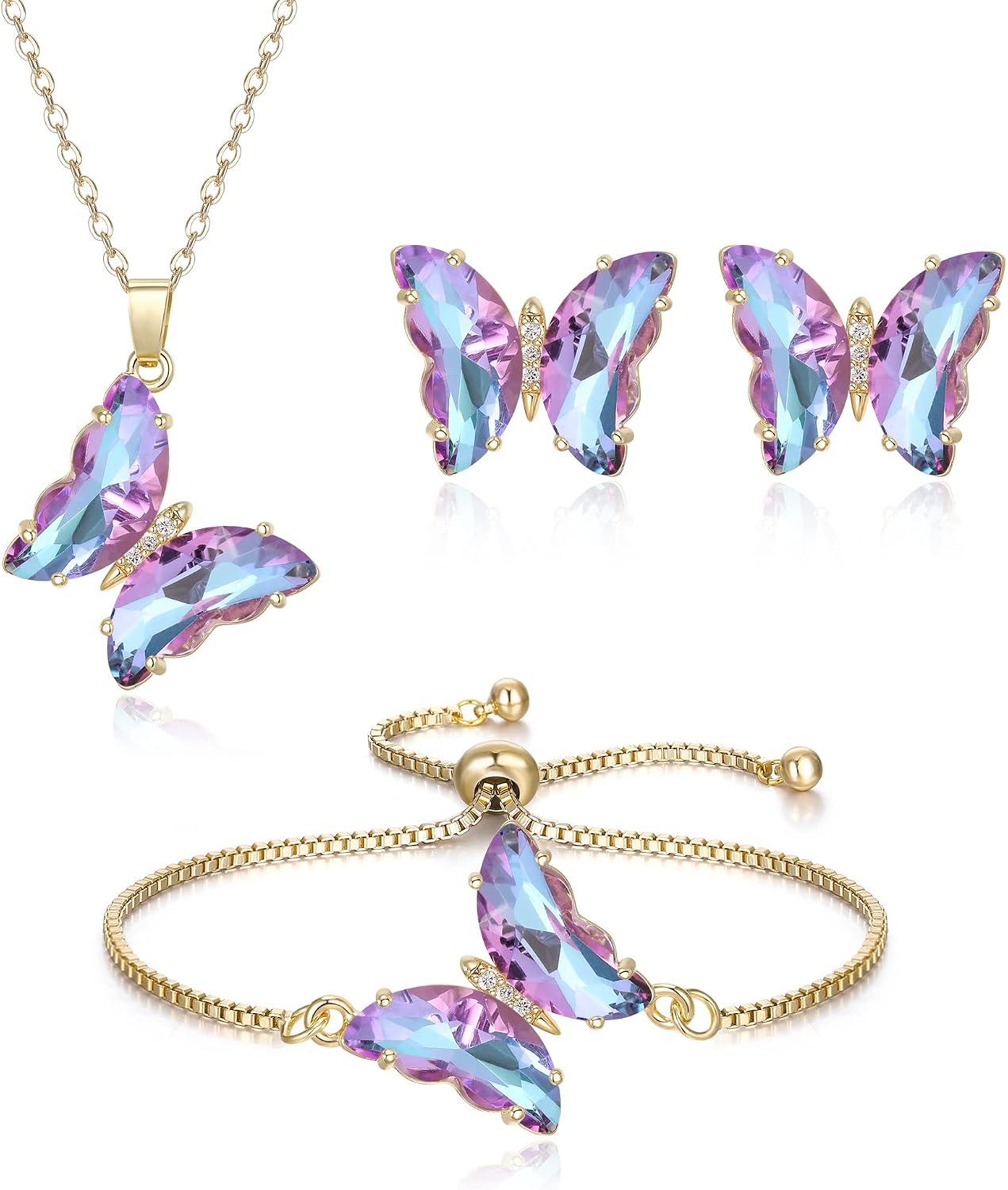 Crysdue Sparkling Cubic Zirconia Butterfly Necklace Stud Earrings Adjustable Slider Bracelet Jewelry Set, Birthday/Valentines/Mothers Day/Christmas Jewellery Gift for Women