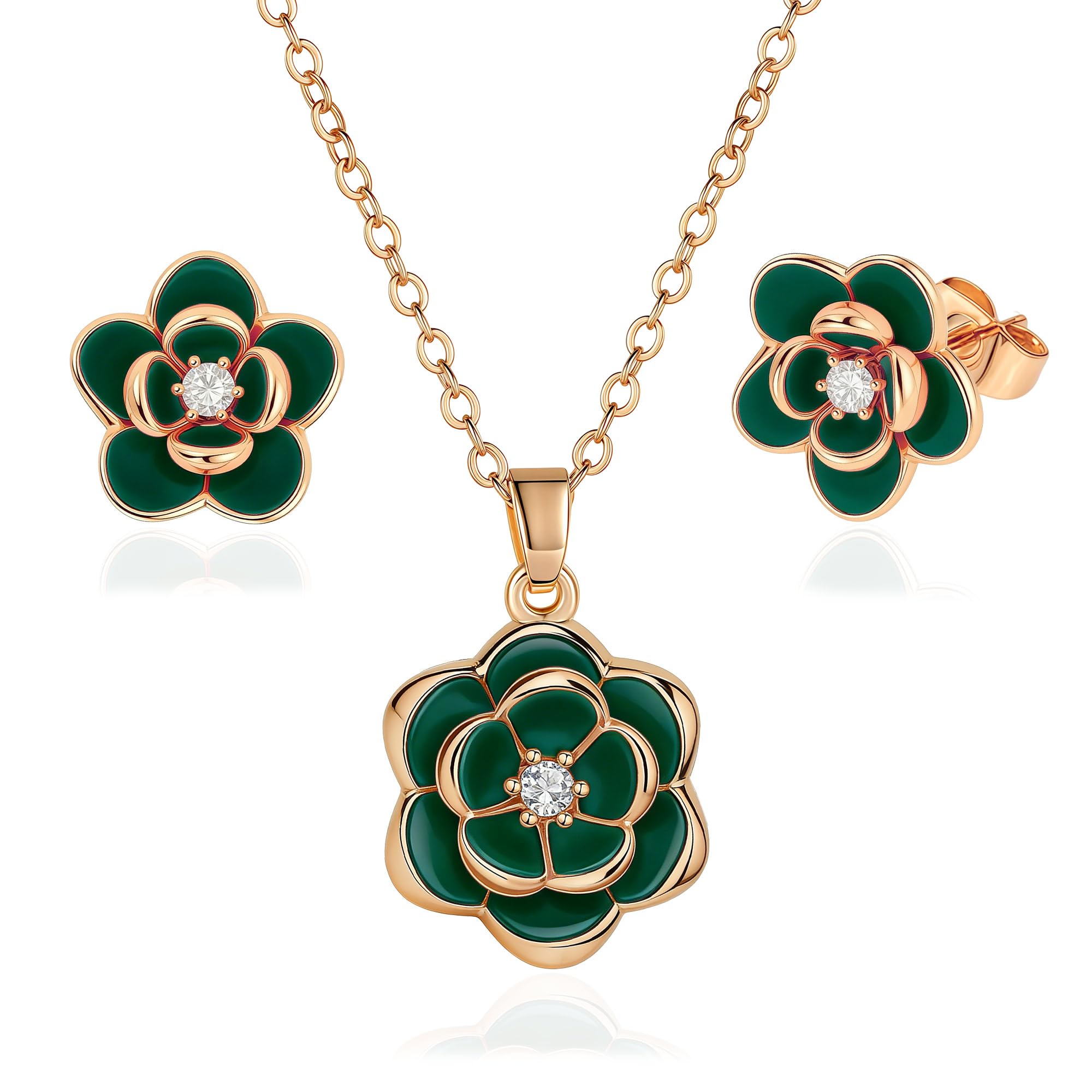 EVEVIC Dainty Flower Pendant Necklace Earrings for Women 14K Gold Plated Hypoallergenic Jewelry Sets