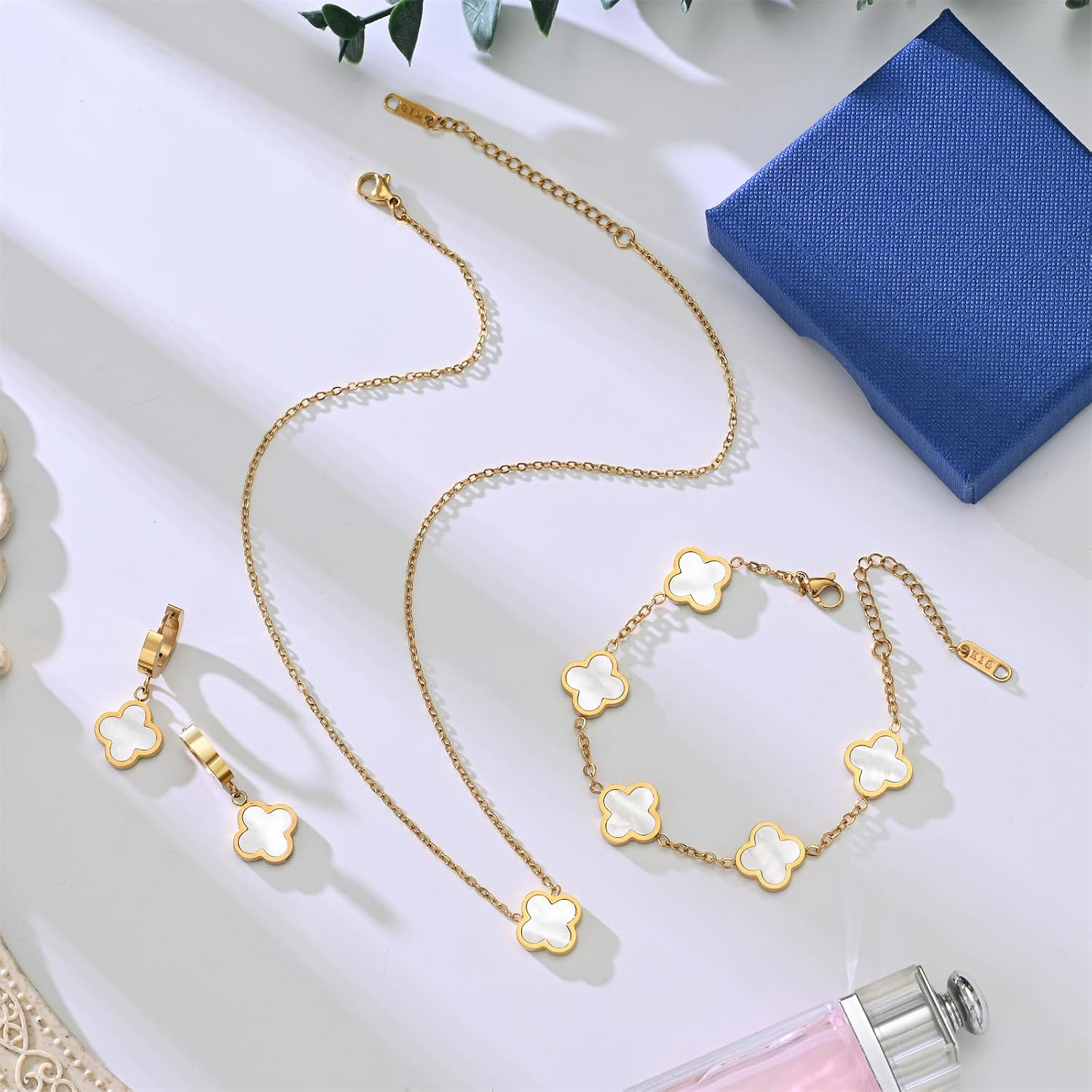 18K Gold Plated Lucky Clover Jewelry Set Black White and Red Four Leaf Clove Bracelet Necklace and Earrings Fashion Birthday Gifts for Women