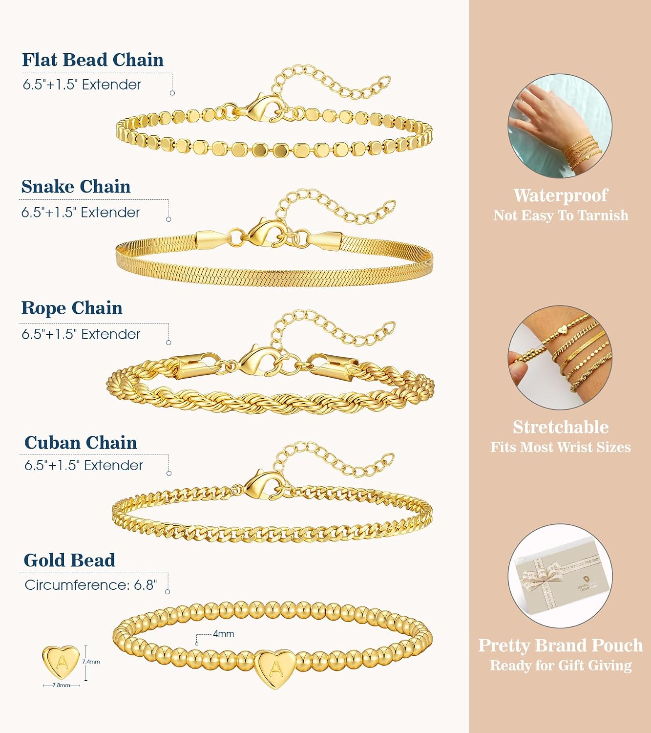 doubgood Gold Bracelets for Women Stackable, 14K Gold Plated Waterproof Bracelet Set, Dainty Adjustable Gold Bracelet Stack with Heart Initial Charm Layered Chain Jewelry Gifts for Women