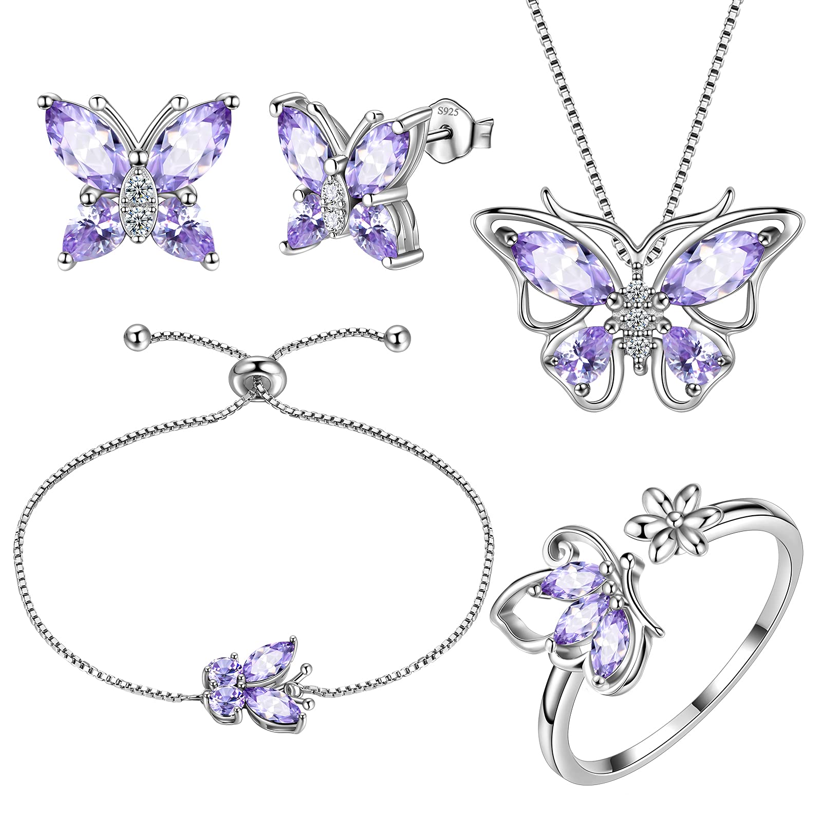 Aurora Tears Butterfly Jewelry,Women 925 Sterling Silver Butterflies Birthstone Pendant Necklace/Earrings/Rings Wedding Gift