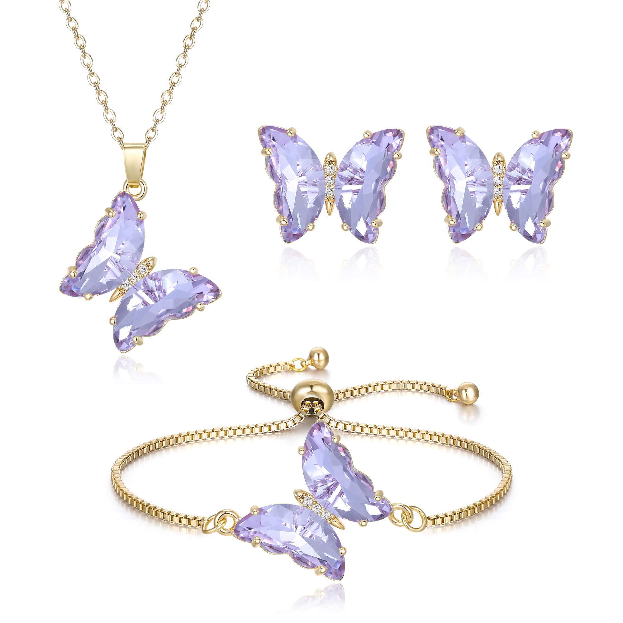 Crysdue Sparkling Cubic Zirconia Butterfly Necklace Stud Earrings Adjustable Slider Bracelet Jewelry Set, Birthday/Valentines/Mothers Day/Christmas Jewellery Gift for Women