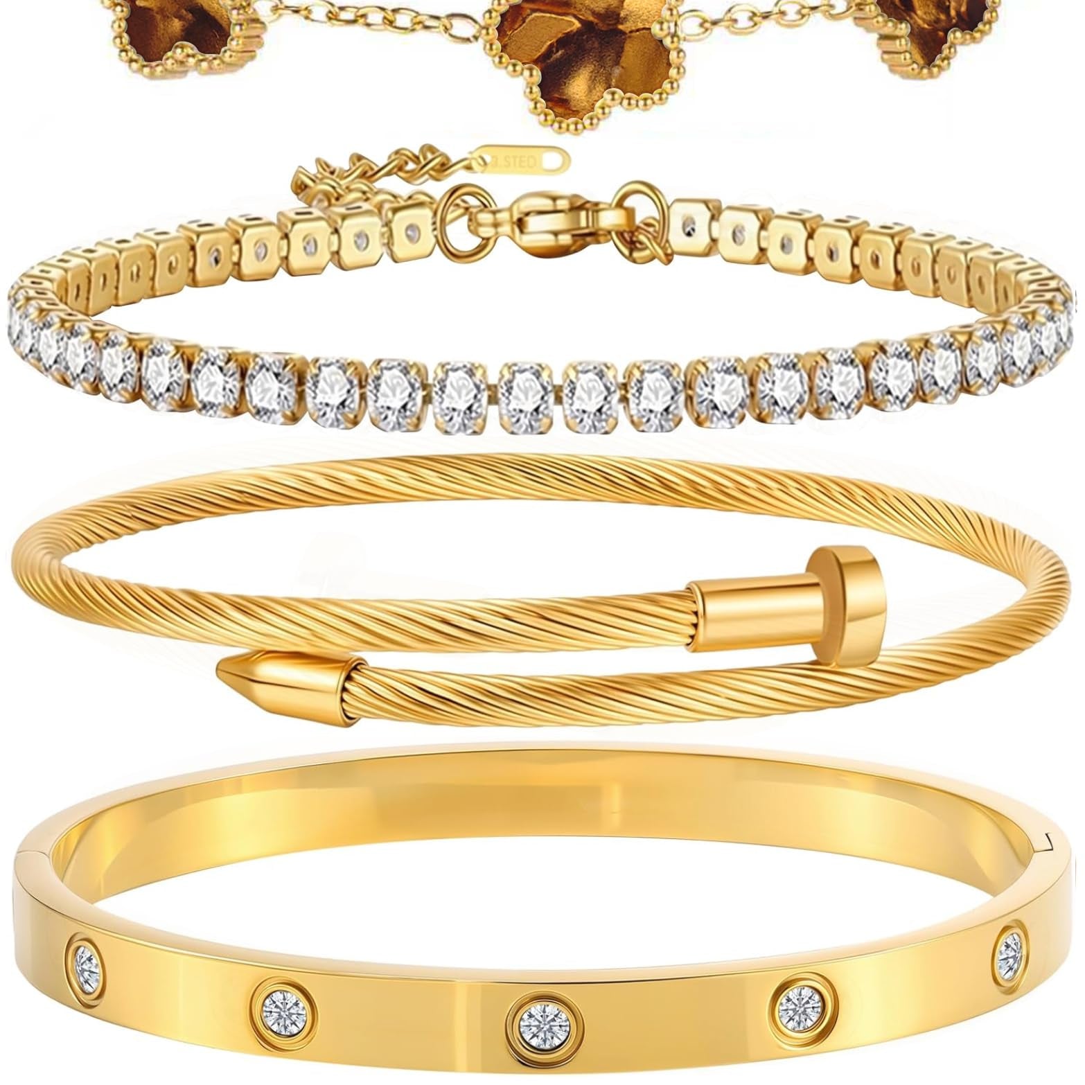 18K Gold Plated Bangle Bracelet Set for Women Stackable Lucky Floral Adjustable Tennis Bracelet Non Tarnish Gift Jewelry for Christmas Valentines Birthday Mother's Day