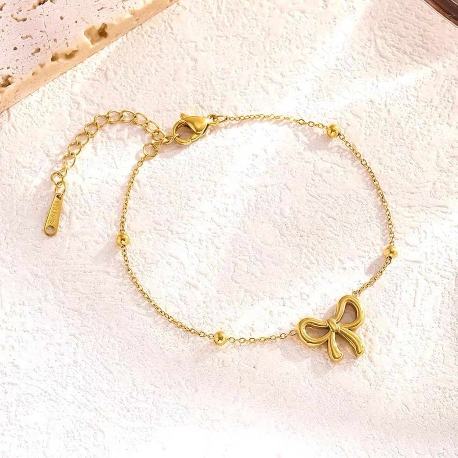 WETMT 4Pcs 14K Gold Plated Bow Necklace Earring Bracelet Anklet Set for Women Cute Dainty Stainless Steel Chain Bow Pendent Choker Necklace Set Stuff Personalized Jewelry Gift