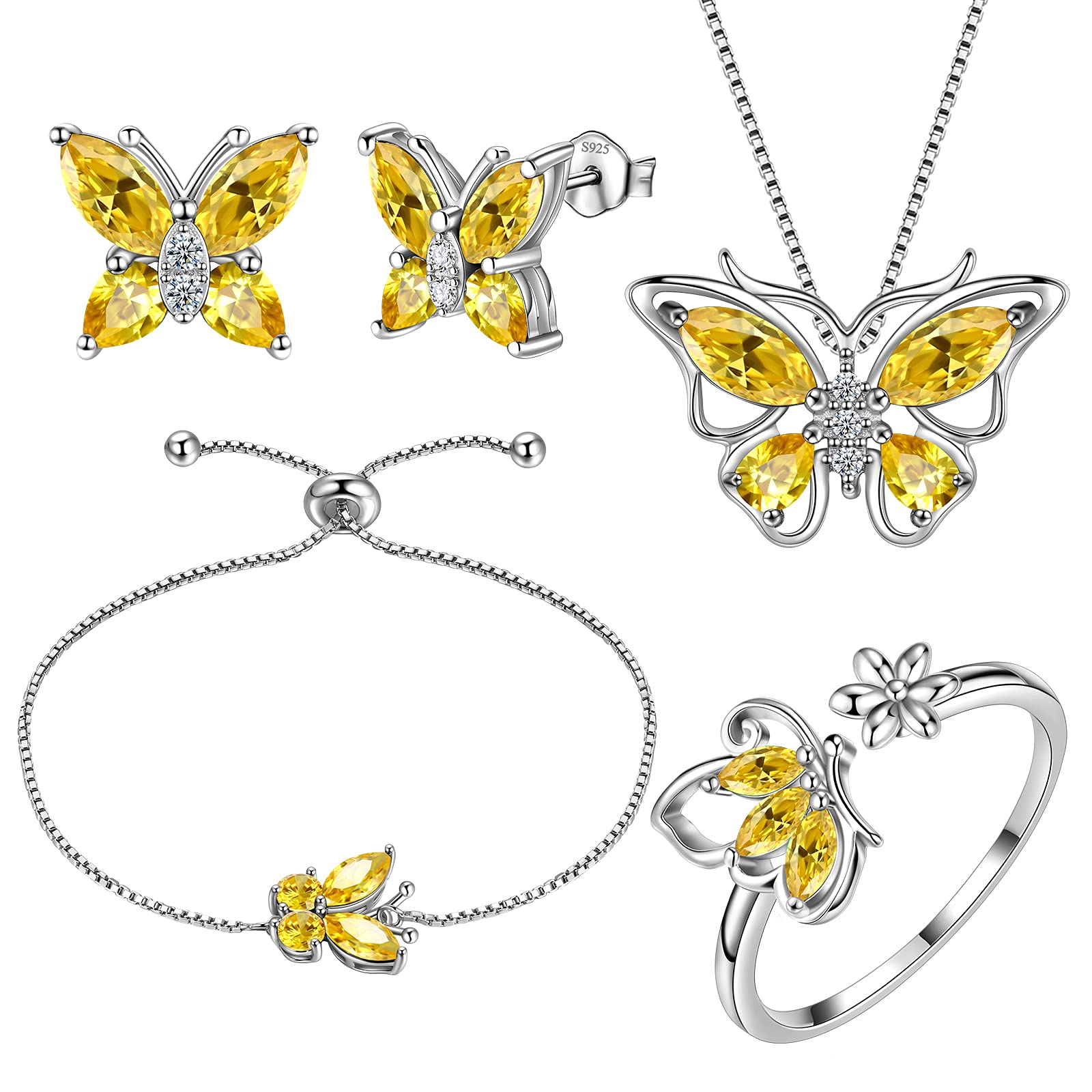 Aurora Tears Butterfly Jewelry,Women 925 Sterling Silver Butterflies Birthstone Pendant Necklace/Earrings/Rings Wedding Gift